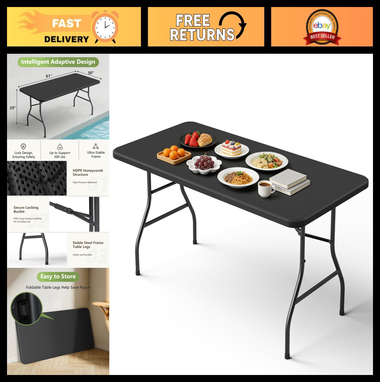 5ft Heavy Duty Folding Table – Portable Plastic Card Table, Steel Legs, 500 lb C