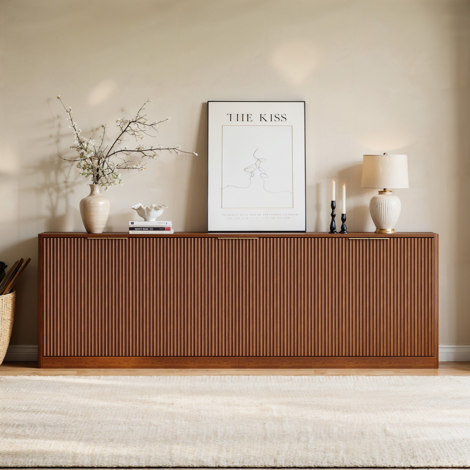 94.5″ Walnut Fluted Credenza with 6 Doors, Sideboard, Media Console
