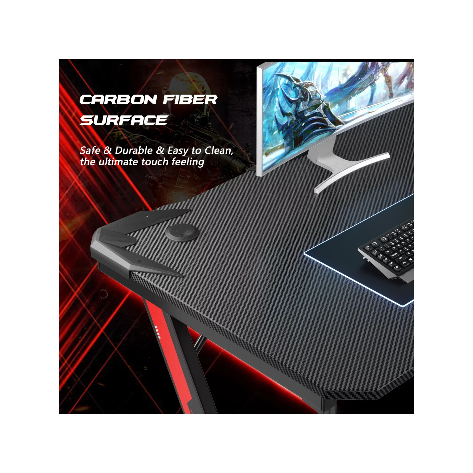 Homall 44 Inches Z-Shaped Gaming Desk Carbon Fiber Surface Desk with Cup Holder