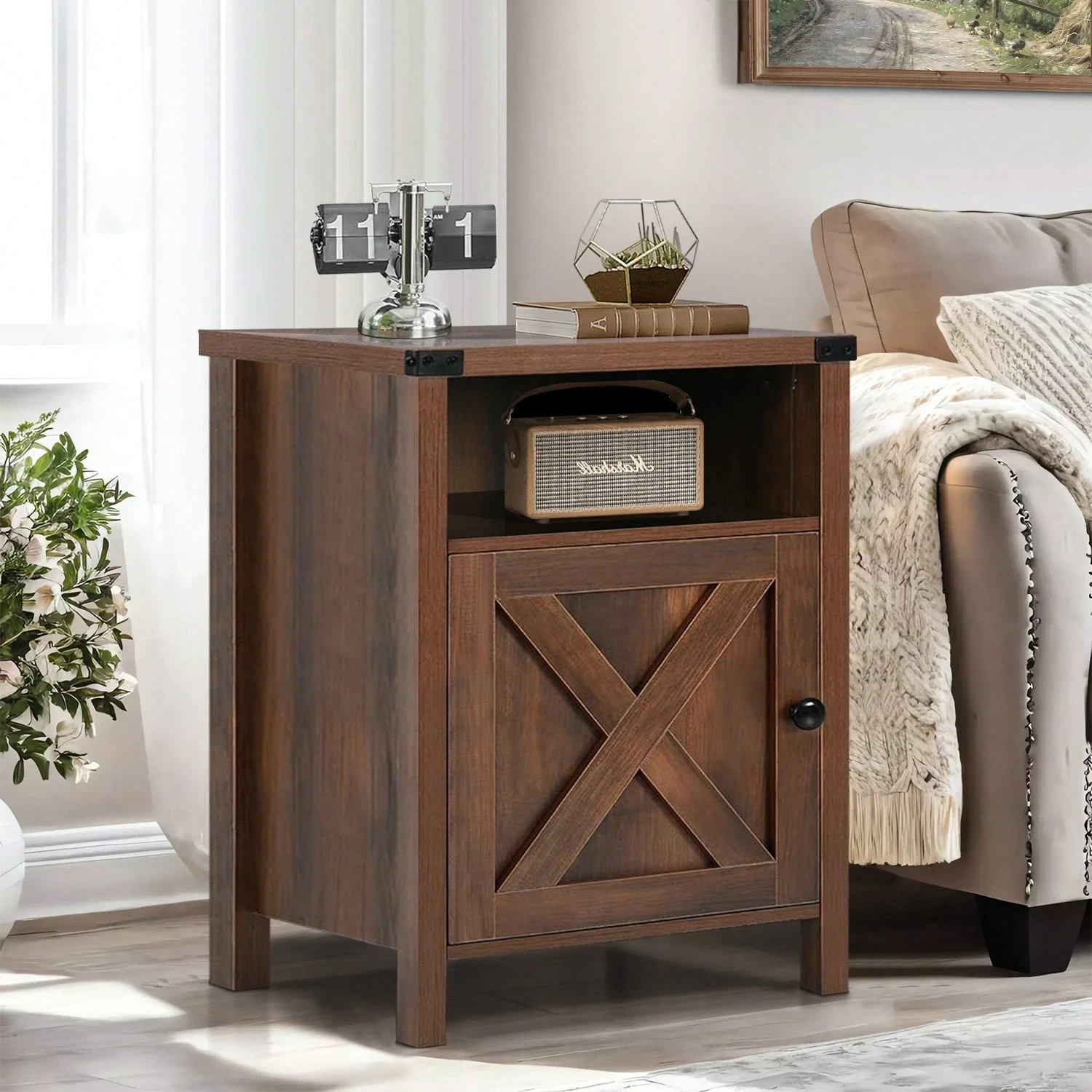 Set of 2 Farmhouse Nightstands w/ Barn Door Storage Cabinet End Tables Dark Oak