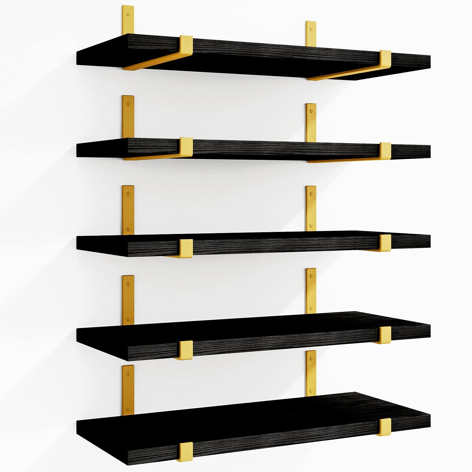 Set of 5 Floating Black, Gold Shelves, 4.7 Width, Rustic Wood Wall Storage