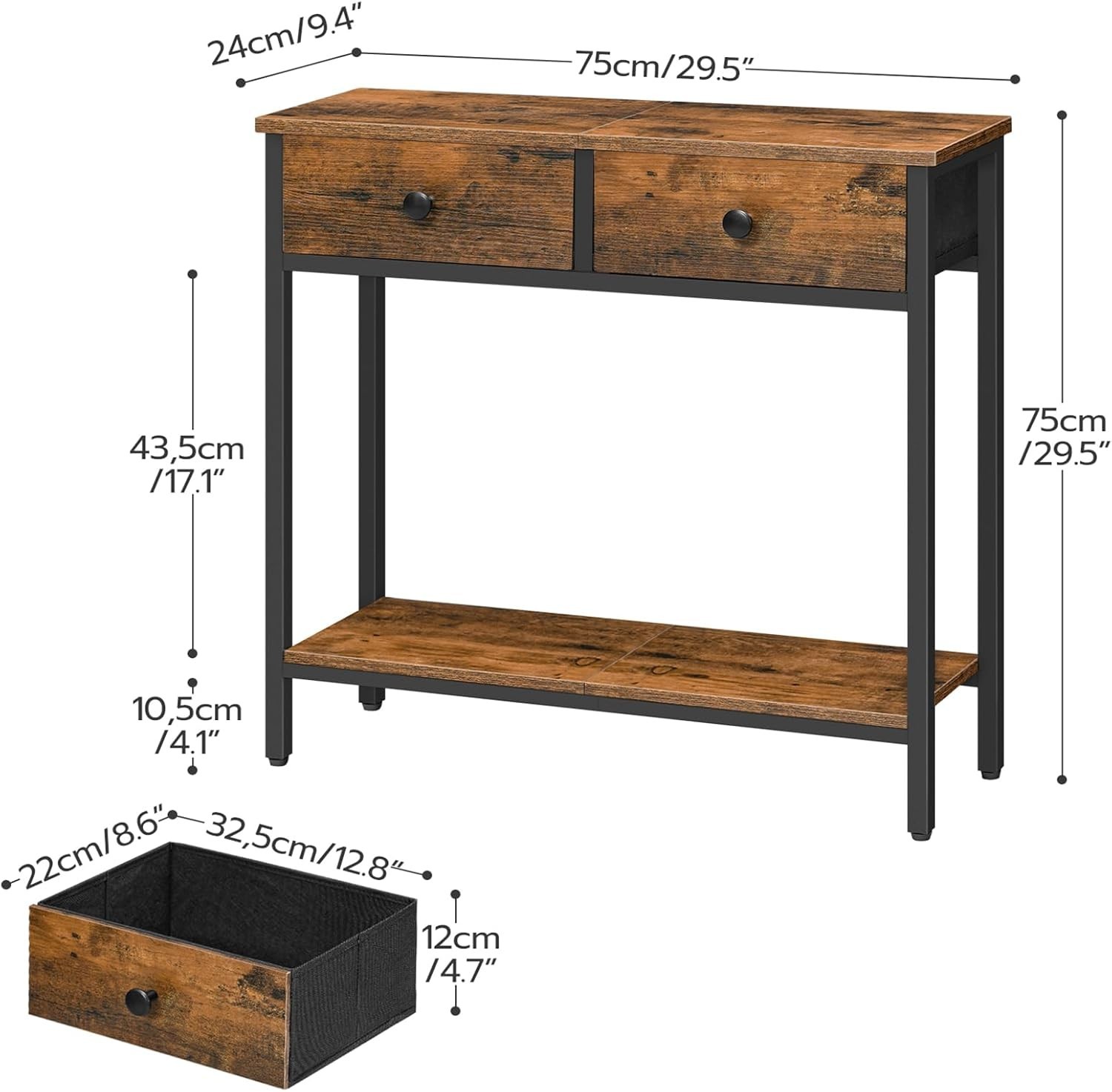Narrow Console Table with Fabric Drawers 29.5 Inches Two Tier Storage Shelves