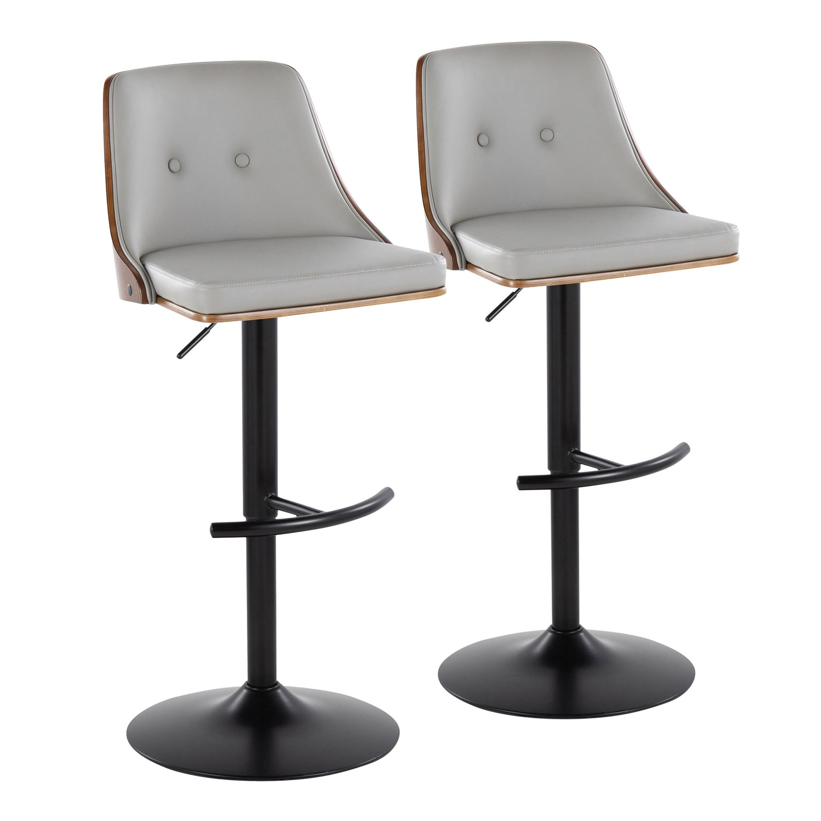 Adjustable Swivel Barstool Set of 2, Black Metal, Walnut Wood, Grey Faux Leather