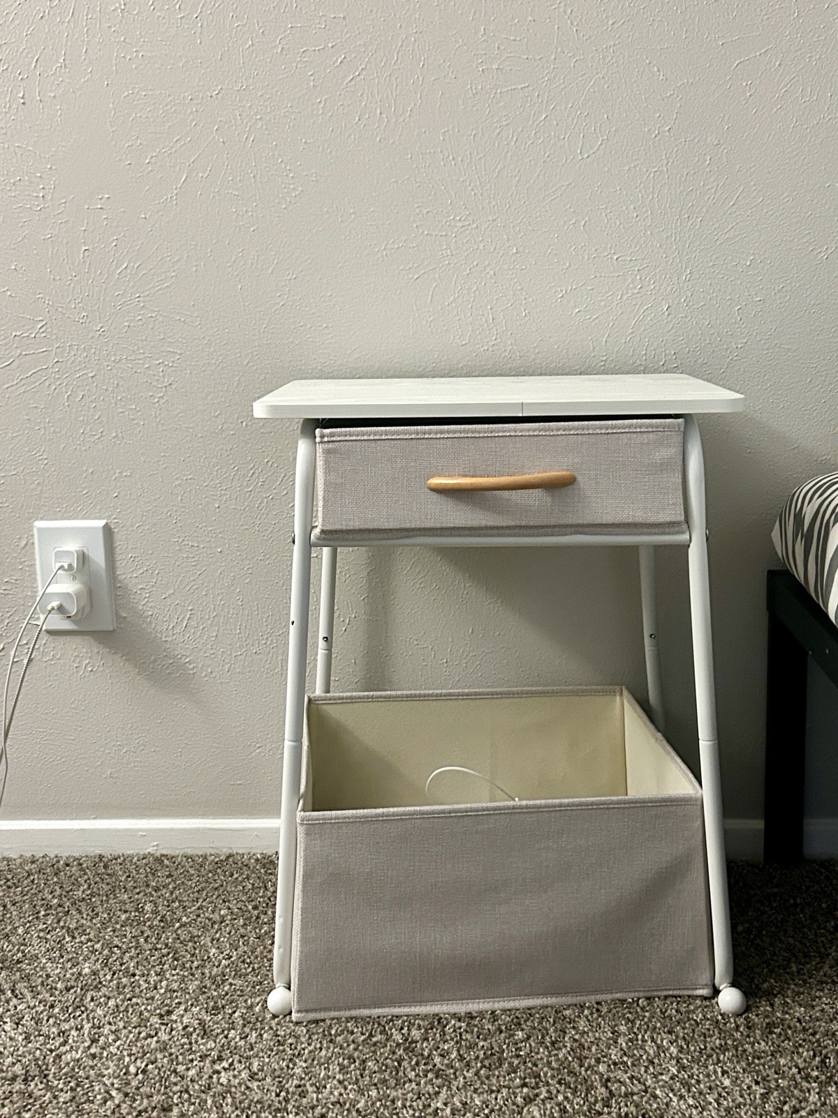 White & Gray Metal/Fabric Nightstand with 1 Drawer & Lower Storage Bin