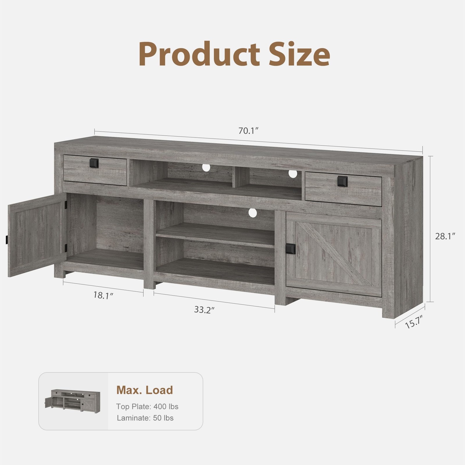 Farmhouse TV Stand for 80 in TVs, 70″ Wide Entertainment Center with 4 Drawers