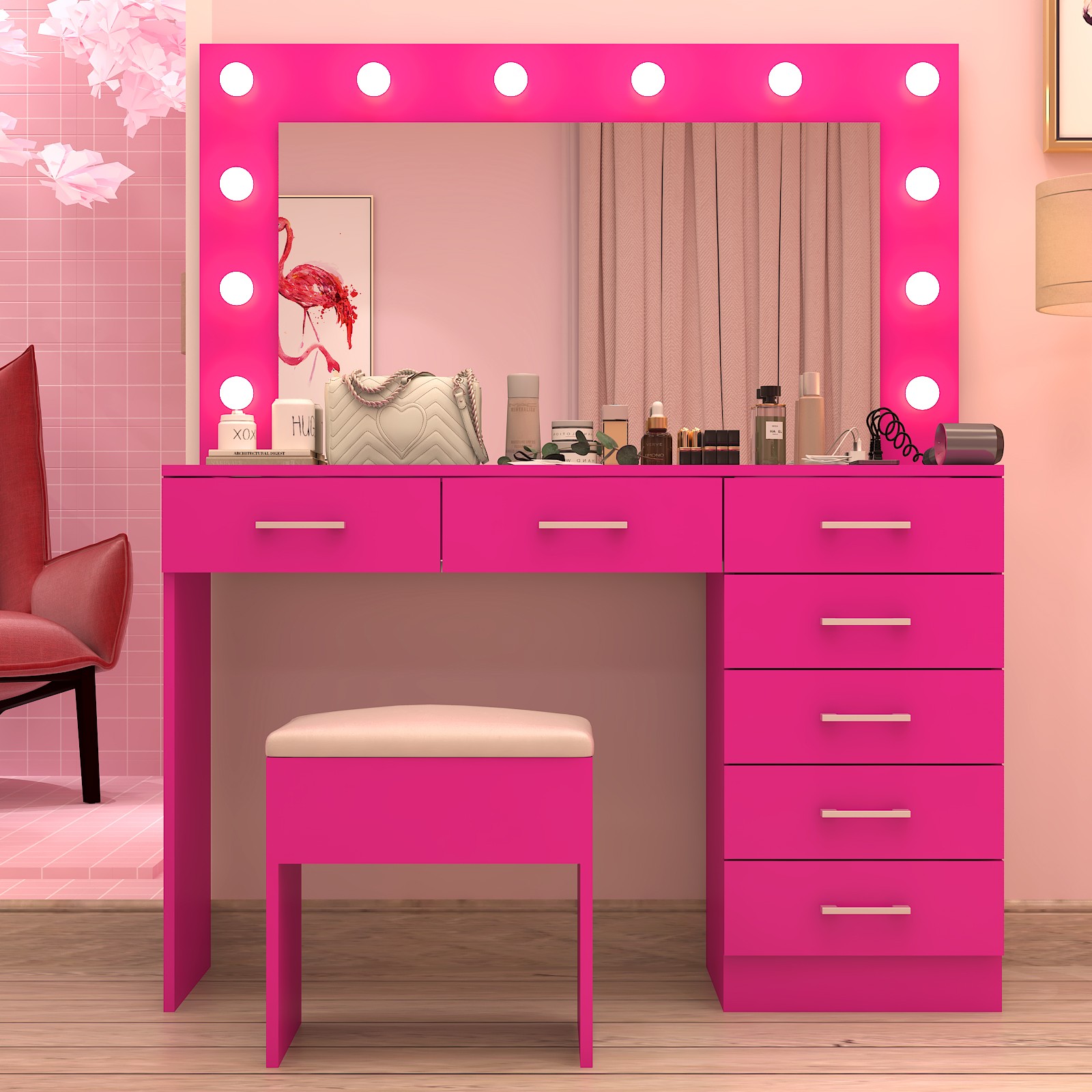 Large Vanity Set Makeup Desk Dressing Dresser Table 7 Drawer with 12 LED Lights