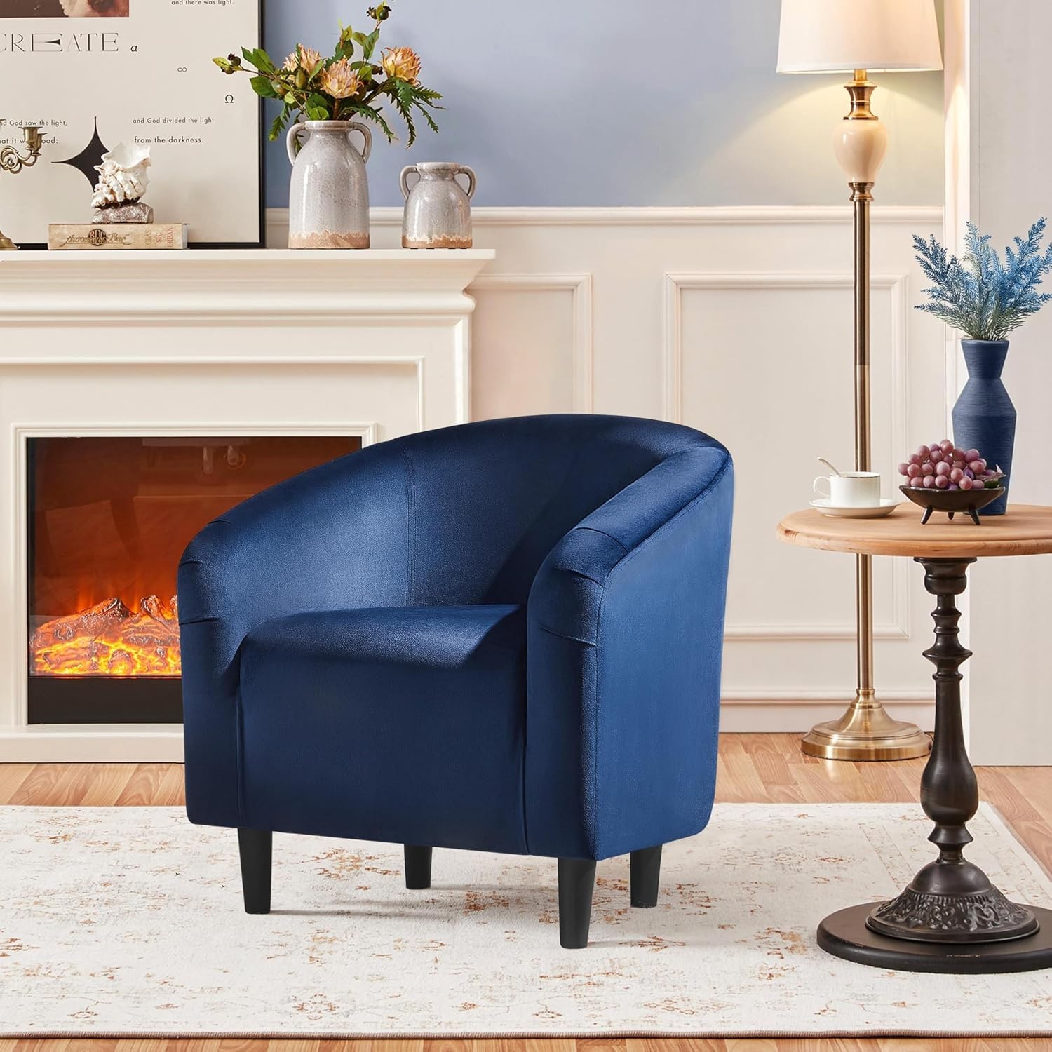 Small 25.5in Wide Velvet Barrel Accent Chair Bedroom Navy Blue | Compact Cozy
