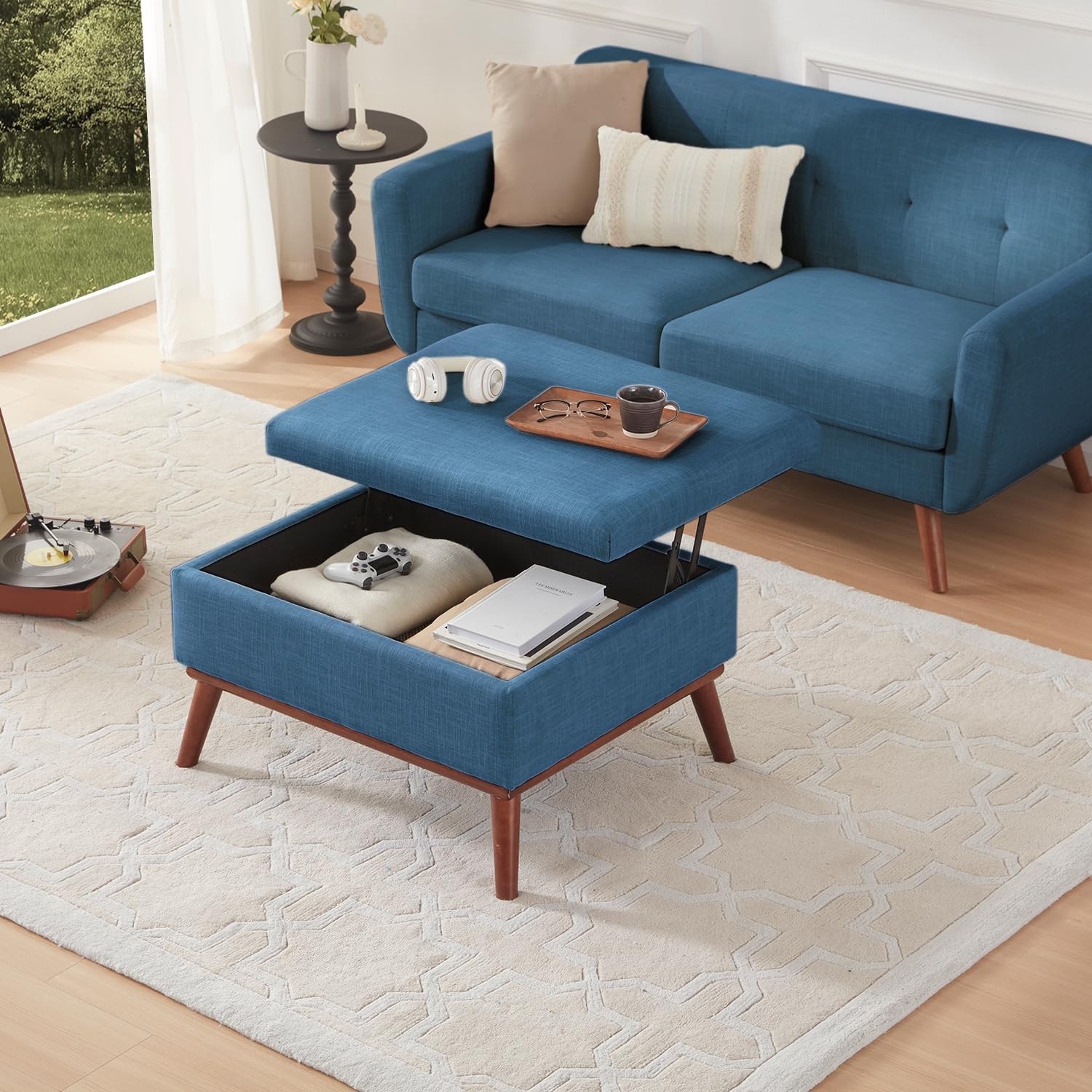 65 W Tufted Loveseat Sofa with Ottoman Coffee Table Mid Century Modern Blue