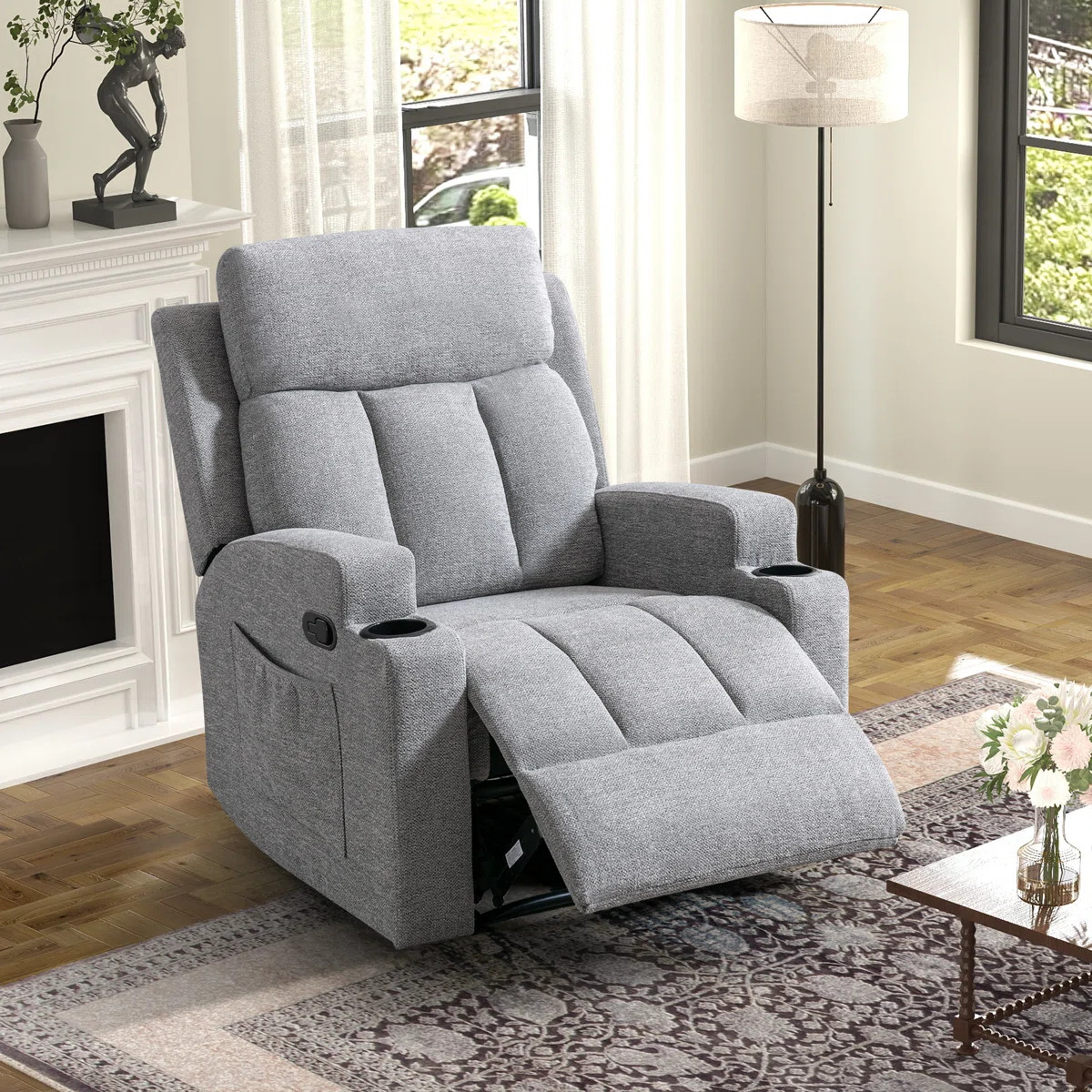 Canmov Soft Fabric Manual Recliner Chair with Massage & Heat, with 2 Cup Holders