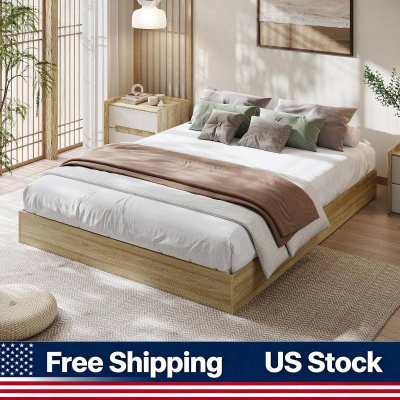 Burlywood Wood Platform Bed Frame Queen Size Without Headboard Wood Slat