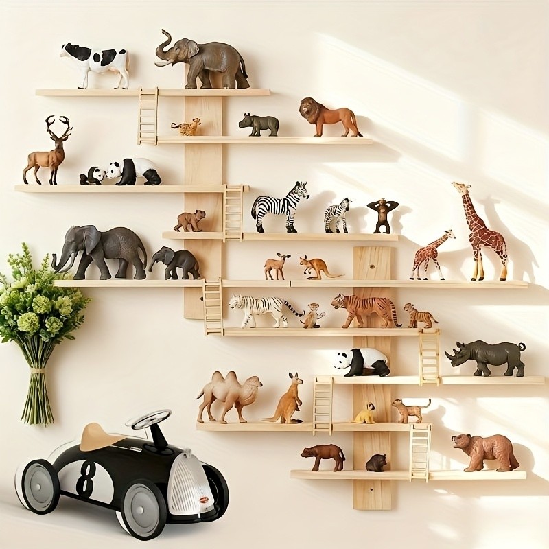 A 5-Level Wall-Mounted Storage Shelf Featuring Animal Figurines a Contemporary