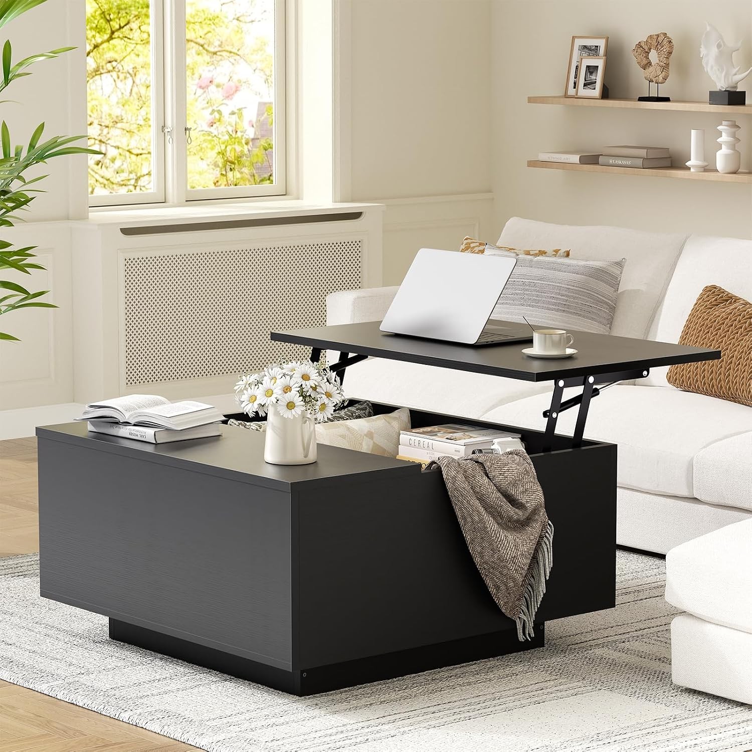 31.5” Lift Top Coffee Table Wood Center Table W/ Storage Black Wood Square