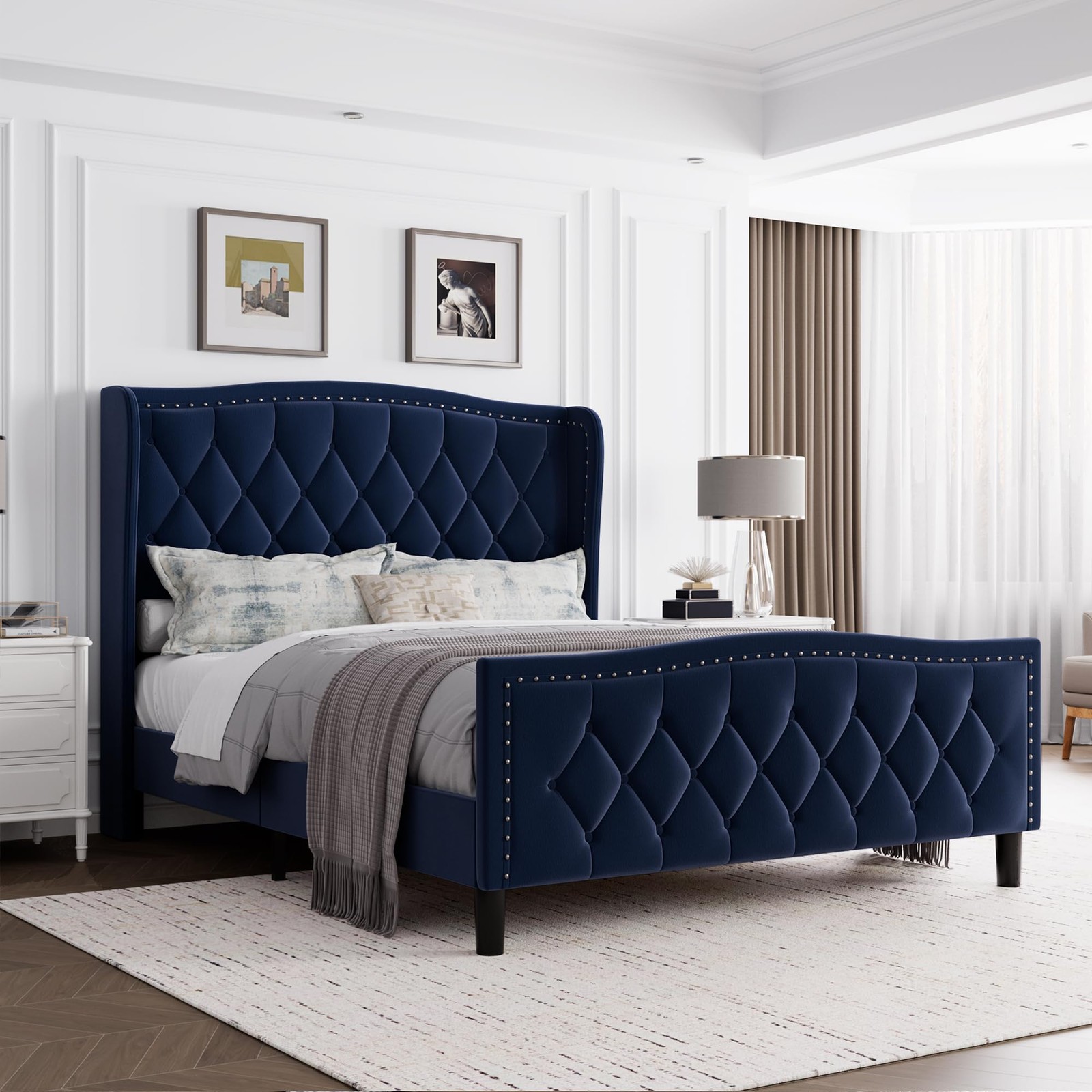 Full Size Bed Frame Velvet Upholstered Platform Bed With Wingback Headboard Blue