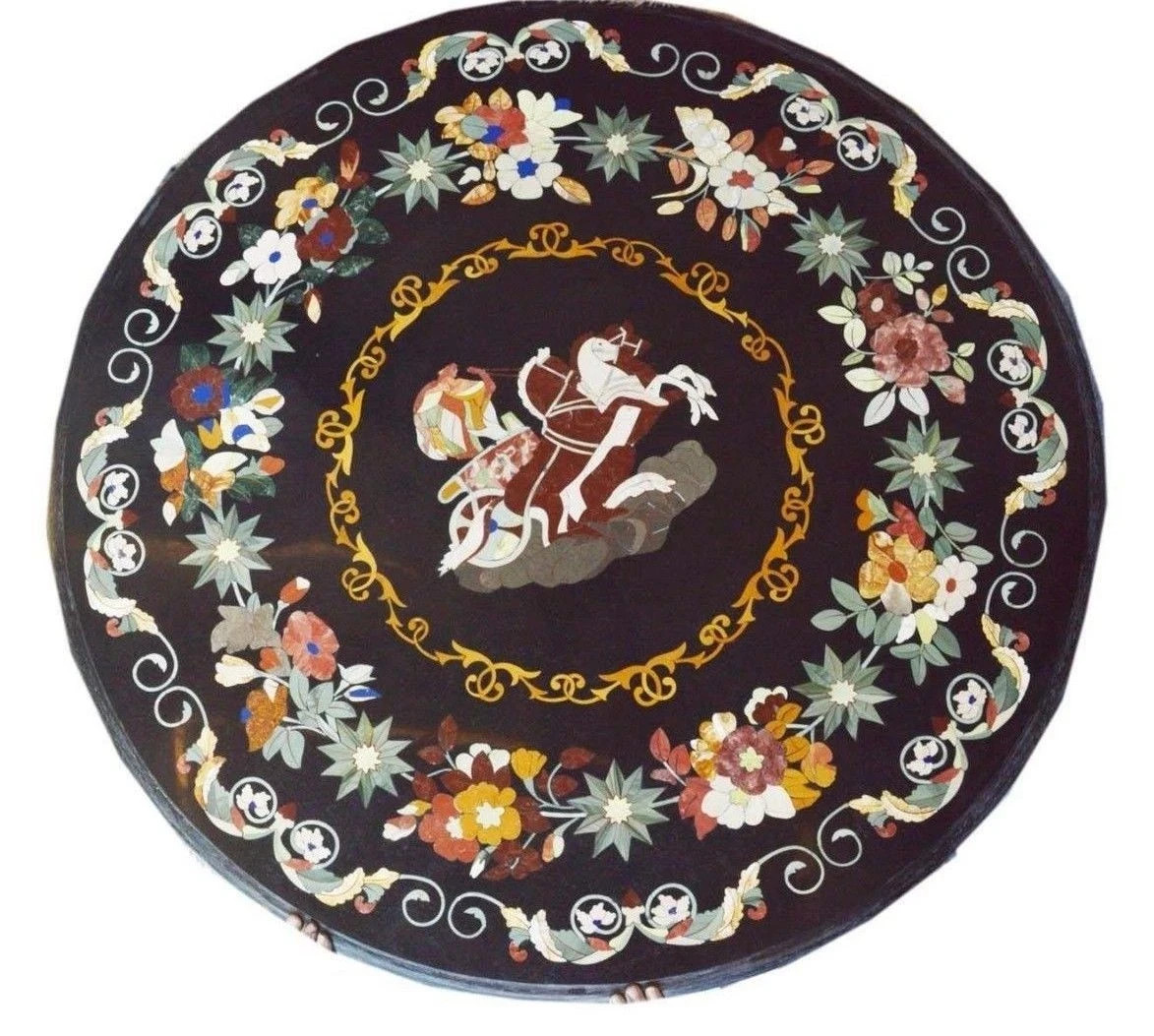 Round Black Marble Table Top 30″ Coffee pietra dura Inlay Work Handmade