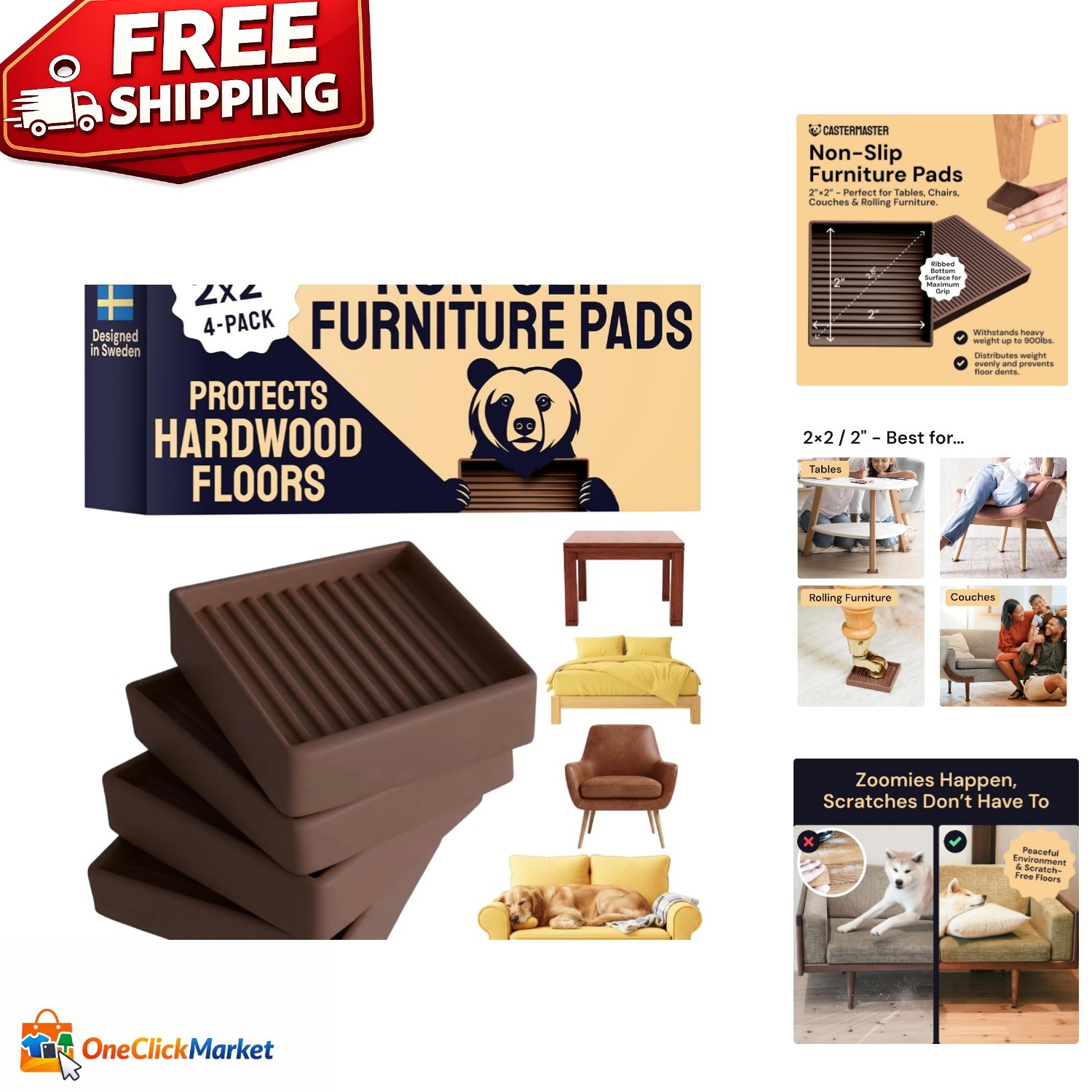 2×2 Non-Slip Furniture Pads for Hardwood & Vinyl – 4 Pack Brown Floor Protectors