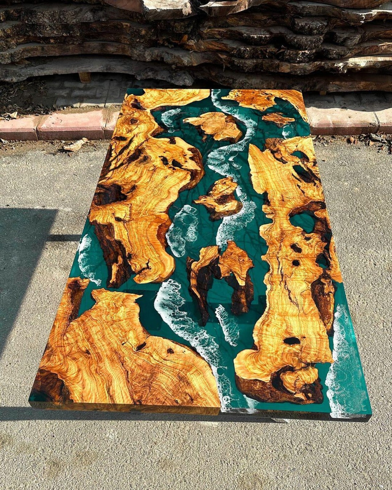 Custom Olive Wood Epoxy Resin Table Handcrafted Ocean River Design Home Decor