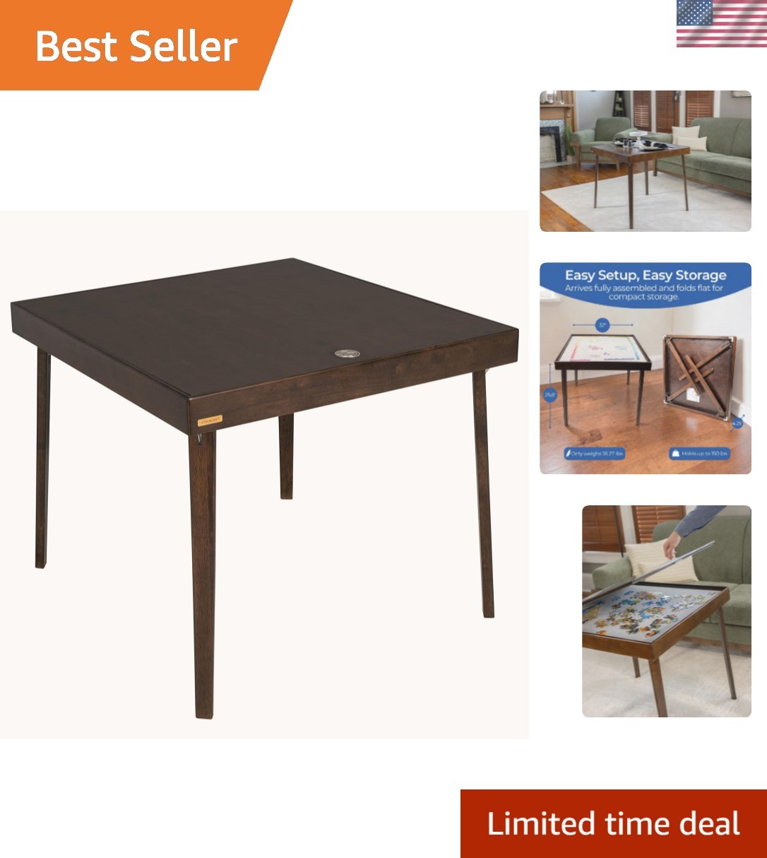 Folding Puzzle Table, Espresso Wood, Felt Interior Fabric, Removable Top Stor…