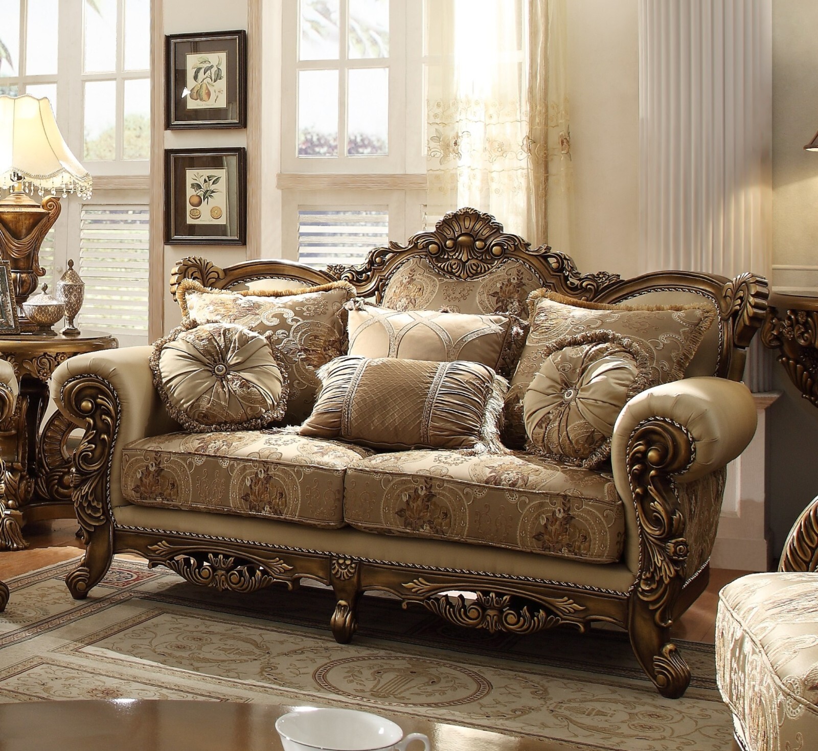 Classic Solid Wood 2PC Sofa Loveseat Gold Brown Fabric French Manor Living Room
