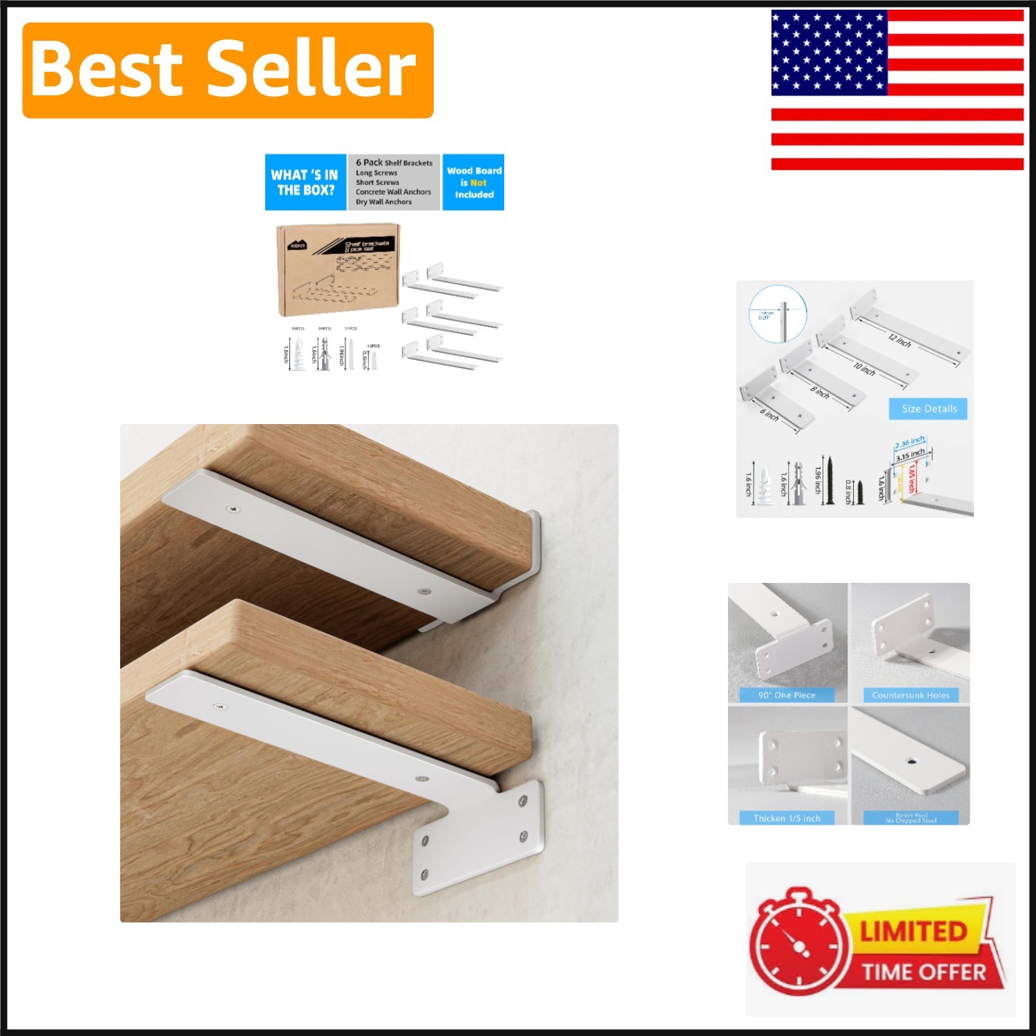 Heavy Duty 8-Inch Hidden Shelf Brackets, Rustproof, 6-Pack with 160 lb Capacity