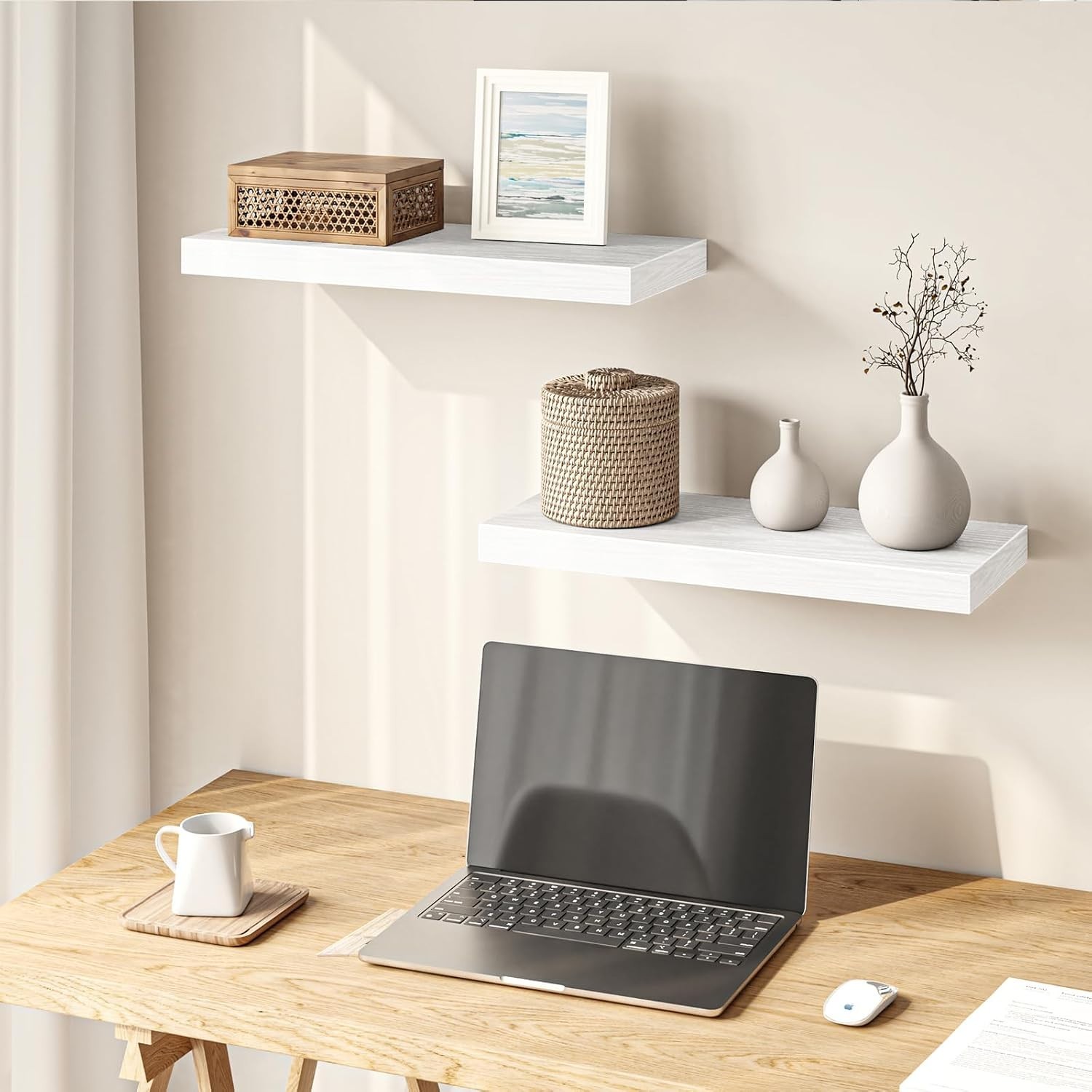 Floating Shelves for Wall Decor White, Set of 2, 15.7 Inch | MDF Shelves with…