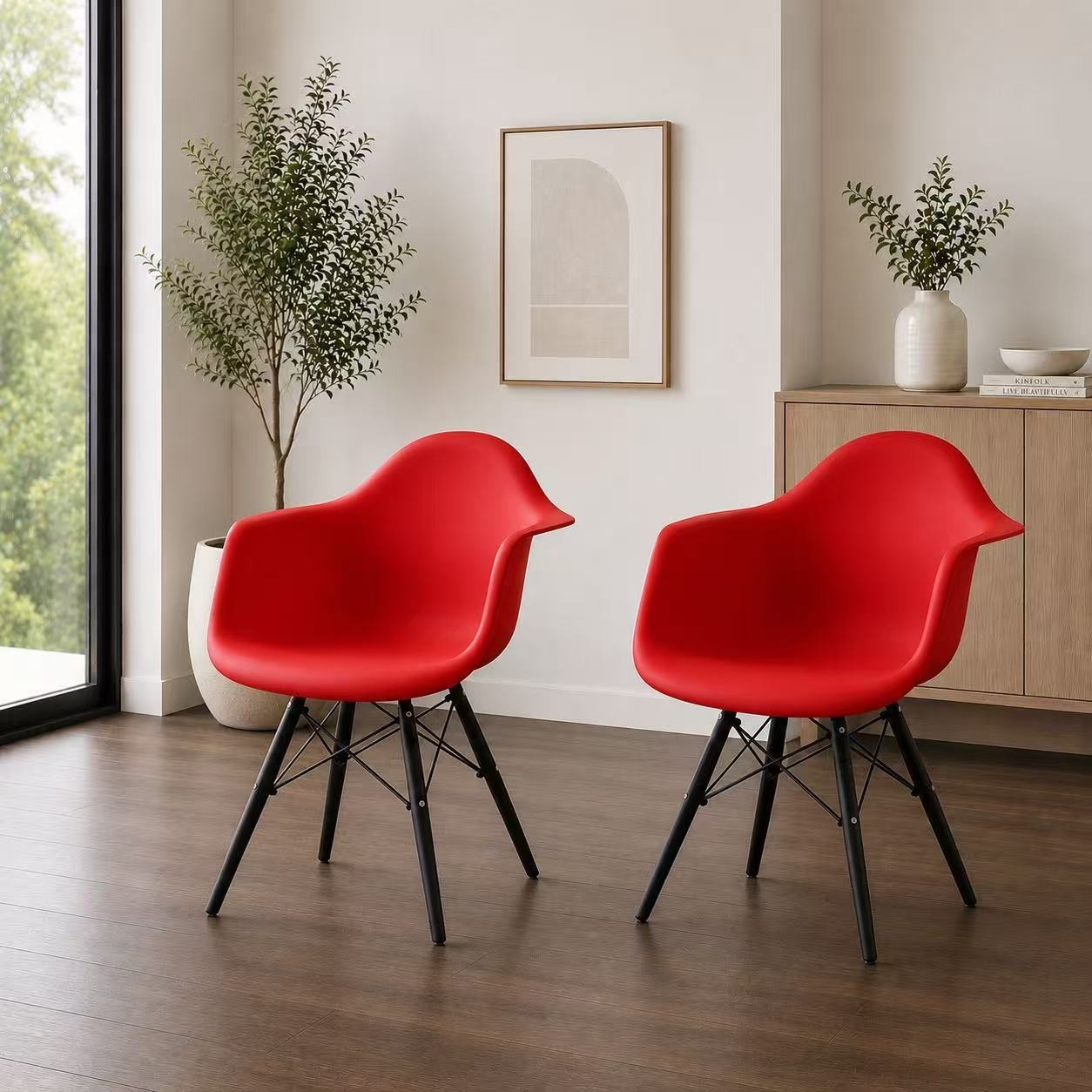 Set of 2 Mid Century Modern Molded Plastic Dining Armchairs Black Wood Legs