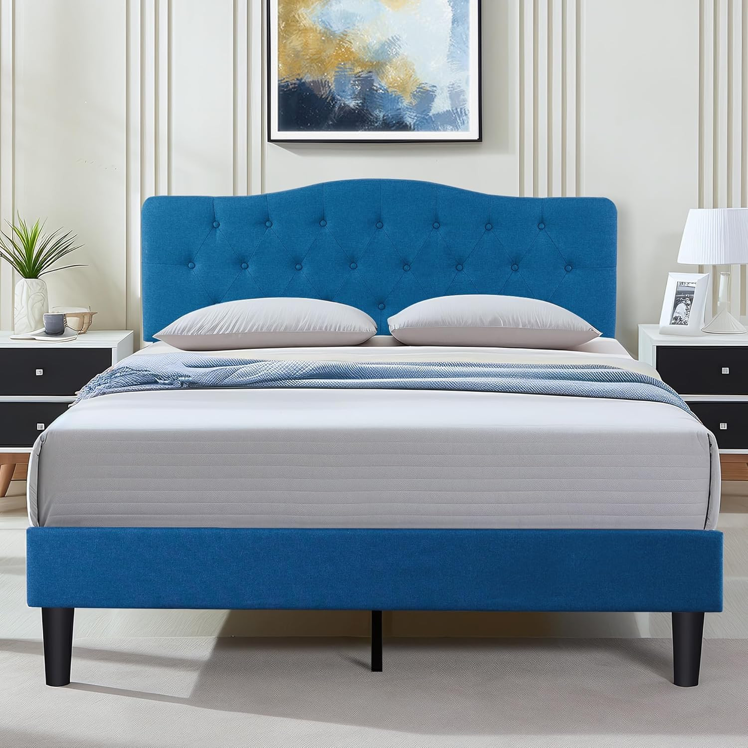Blue Upholstered Full Size Platform Bed Frame with Wooden Slats – Easy Assembly