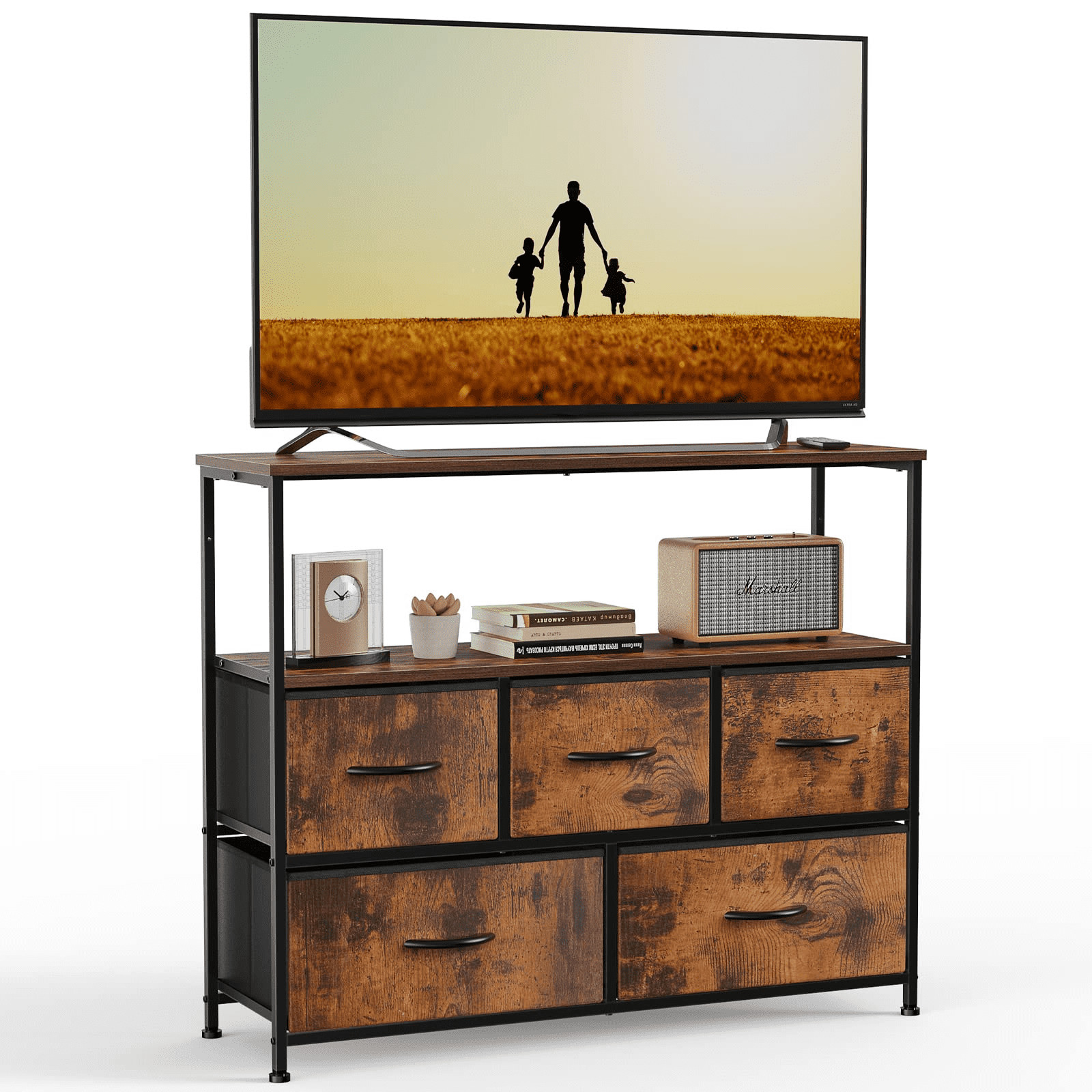 Concetta TV Stand Entertainment Center Dresser with 5 Soft-Close Fabric Drawers