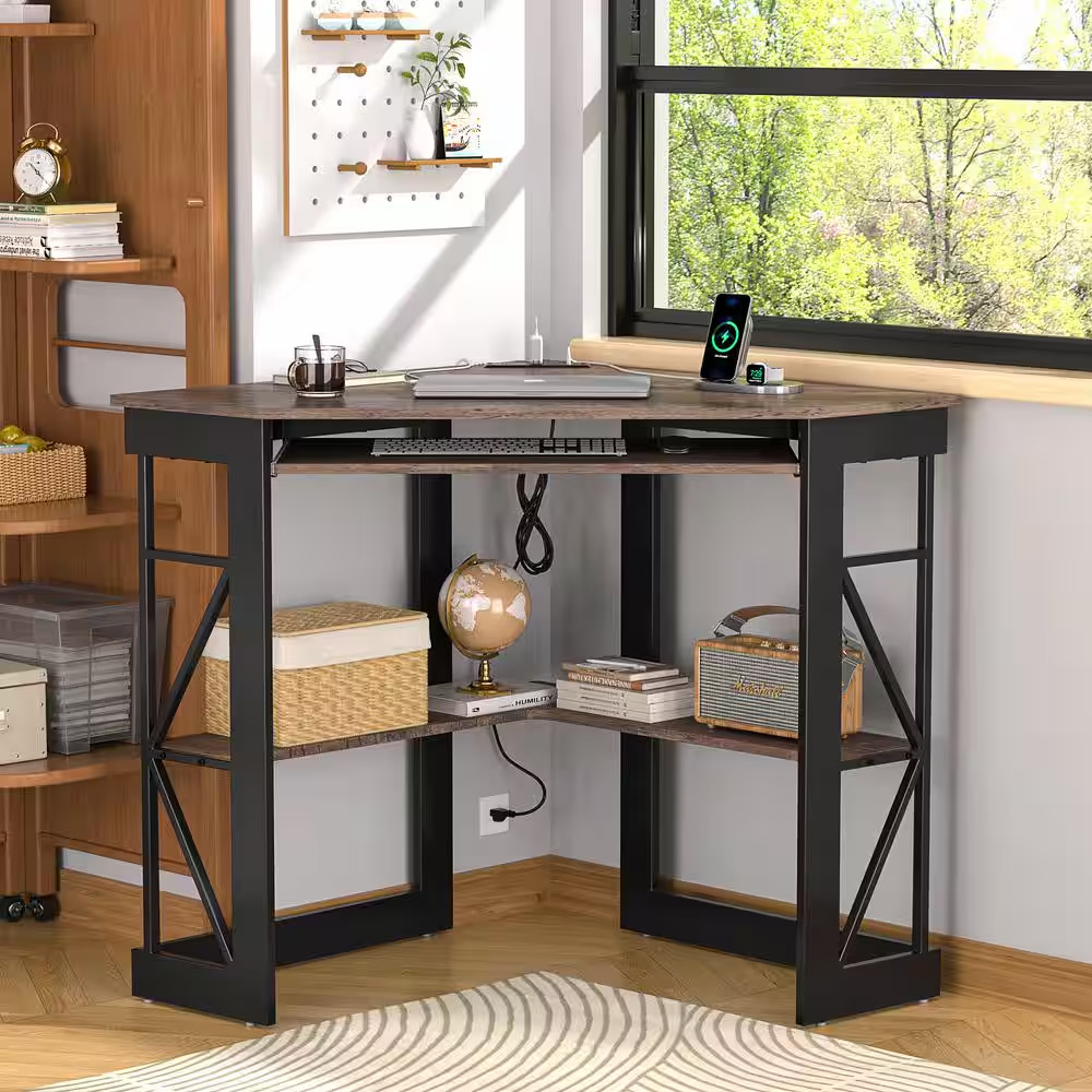 Corner Computer Desk with Built-In Charging Station, Keyboard Tray and Storage S