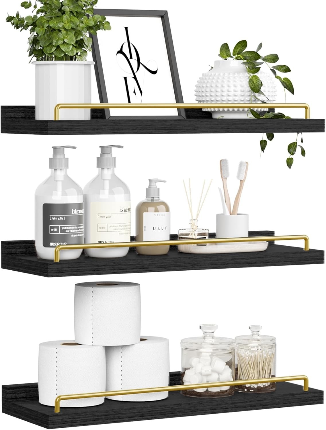 Floating Shelves for Wall Decor, Black and Gold Shelves for Bathroom, Living …