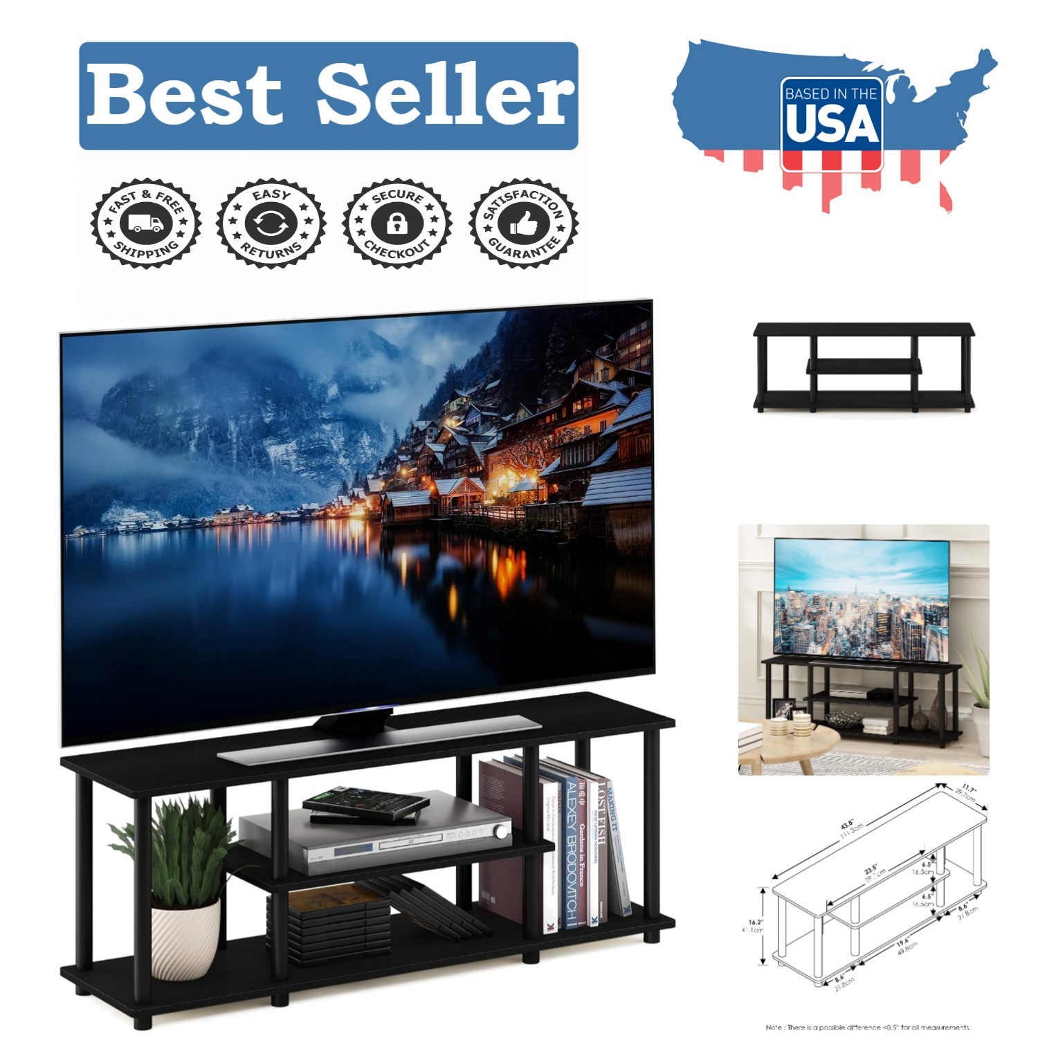Modern Walnut TV Stand: No Tools Required, 3-Tier Open Storage Solution