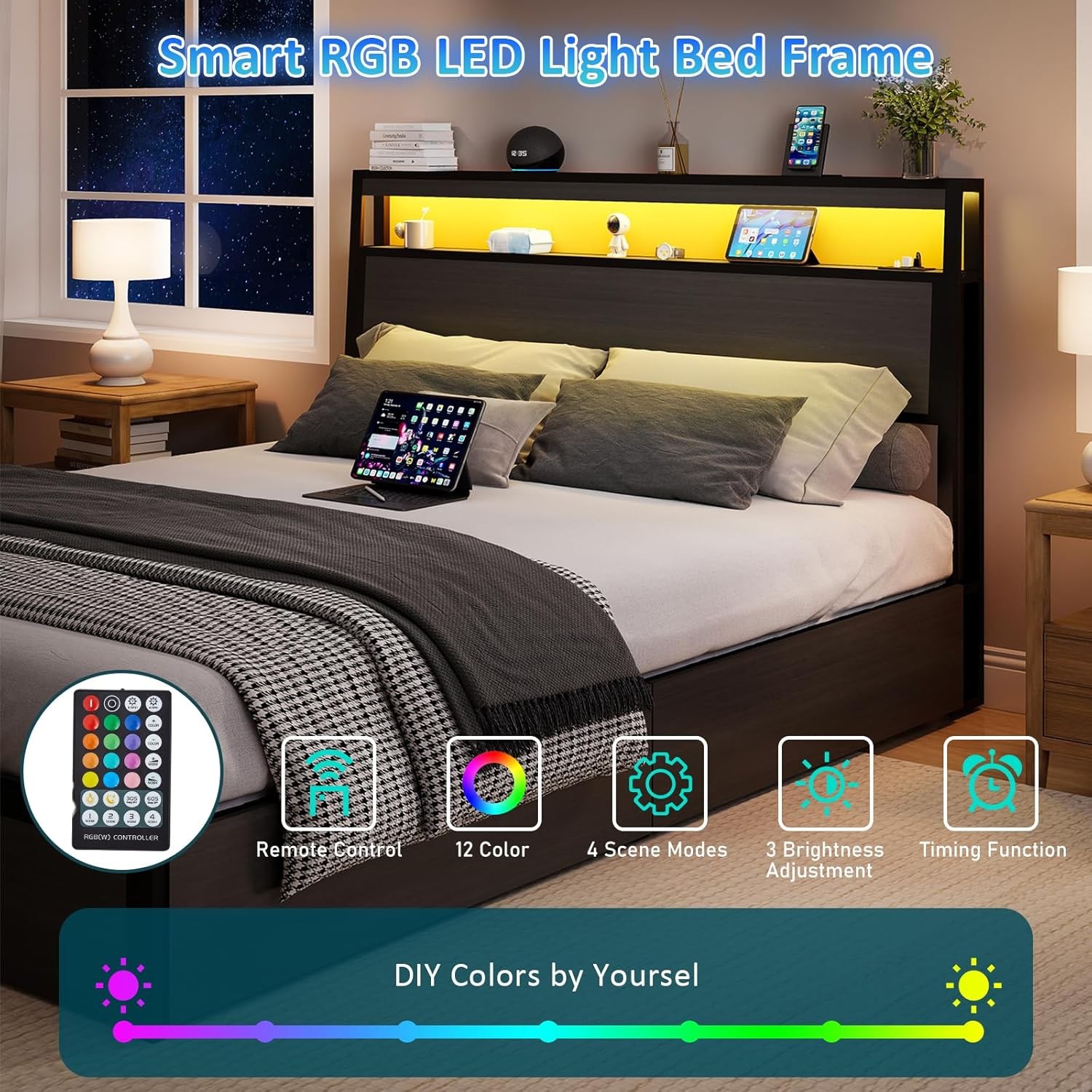 Full Queen King Size Metal Platform Bed Frame w/ LED Lights,4 Drawers,Headboard