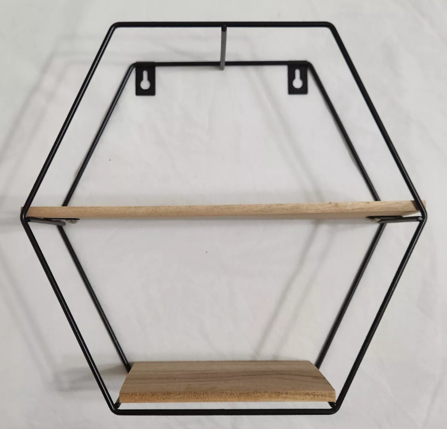 USED Hexagon Wood Metal Shelf 2-Tier Wall Hanging or Standing 10.5″x 11″ Black(S
