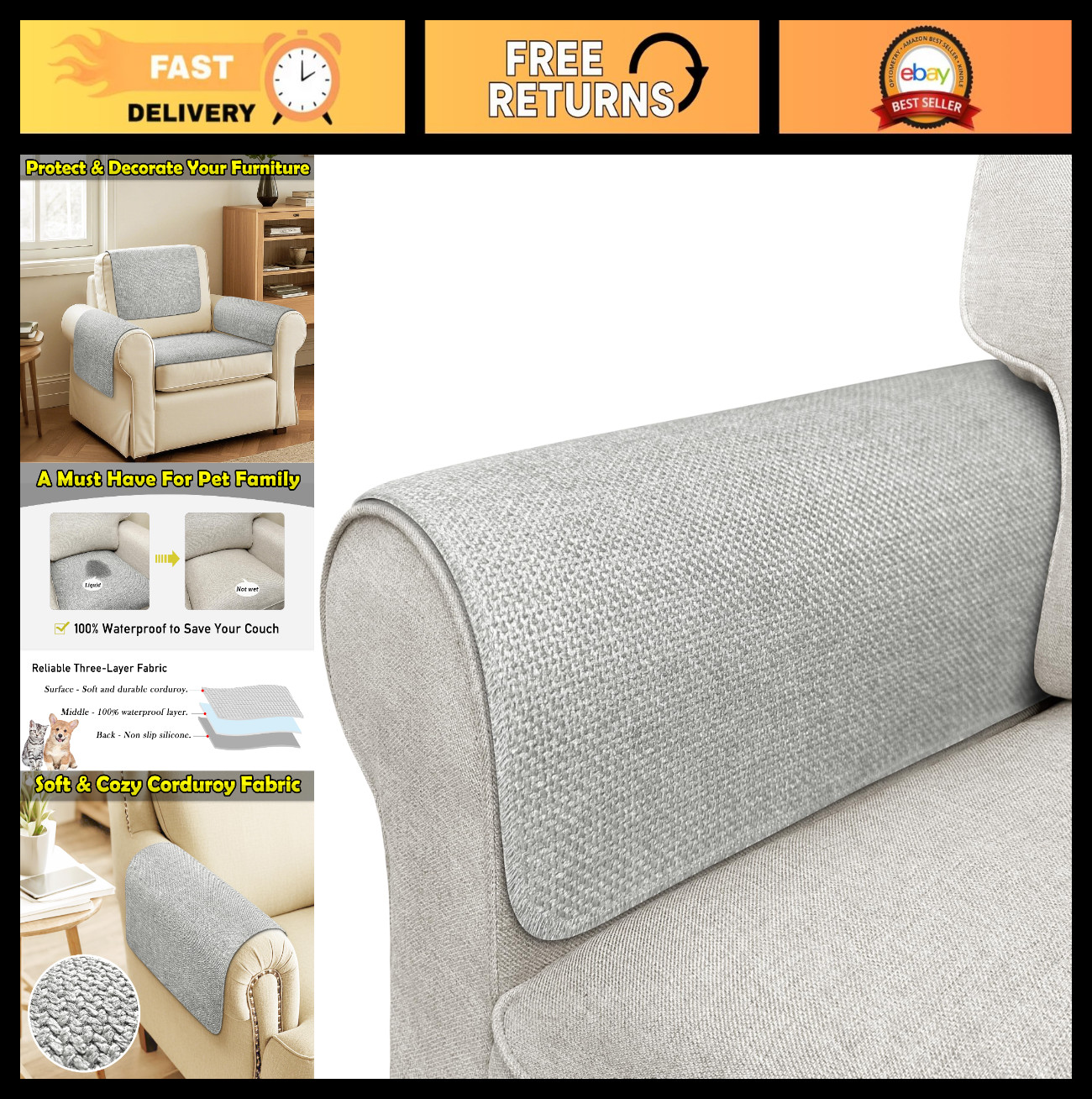 Waterproof Couch Arm Covers Set of 2 – Non-Slip Sofa & Armchair Protector, Light