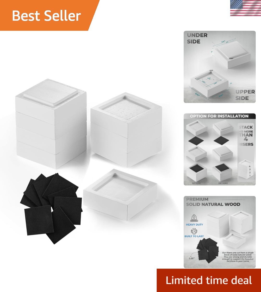 Bed Risers Set of 8 Furniture Risers Lifts Height 1″, 2″, 3″ or 4″, Solid Nat…