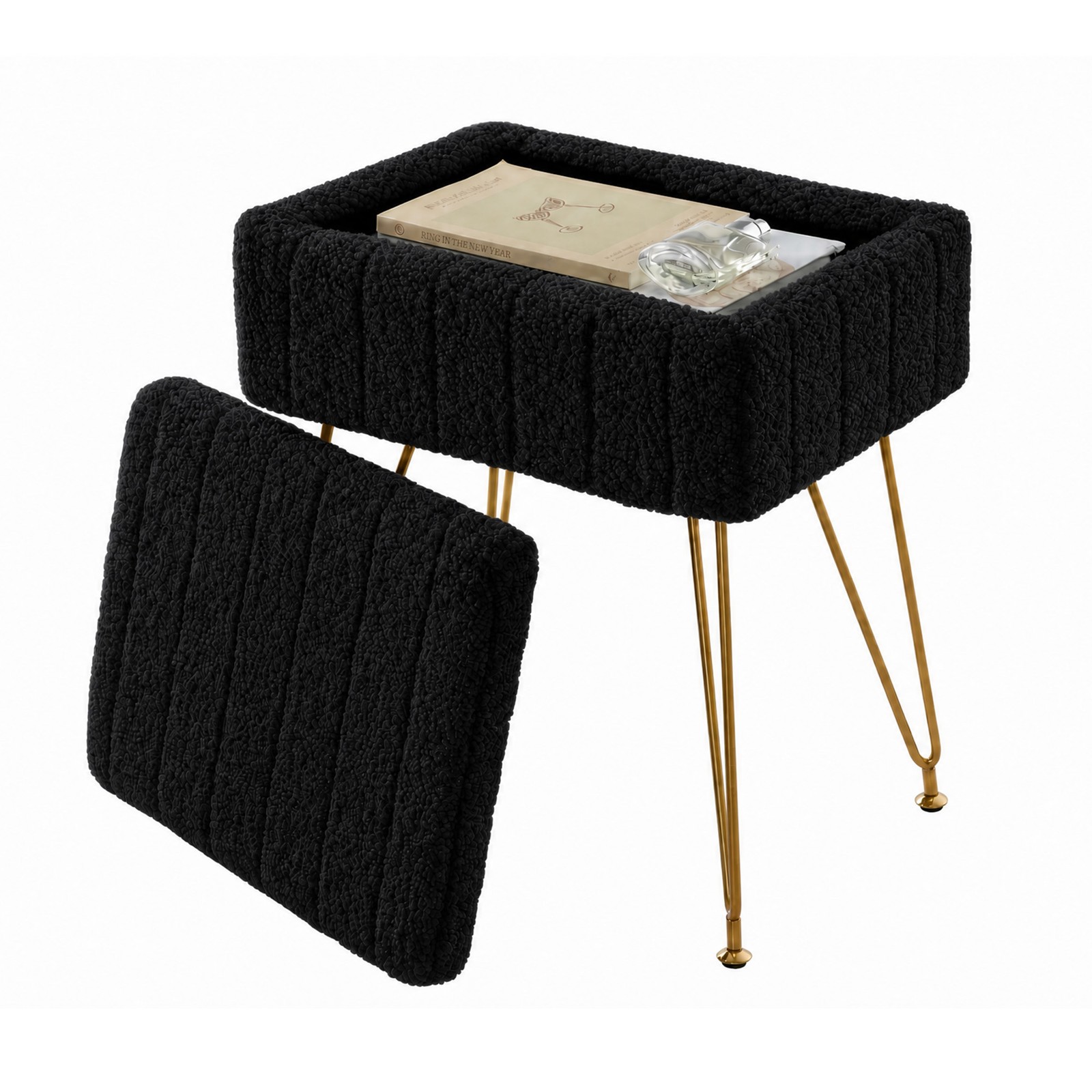 Vanity Stool Chair w/Storage, Small Ottoman Teddy Fleece Padded Footstools Seat