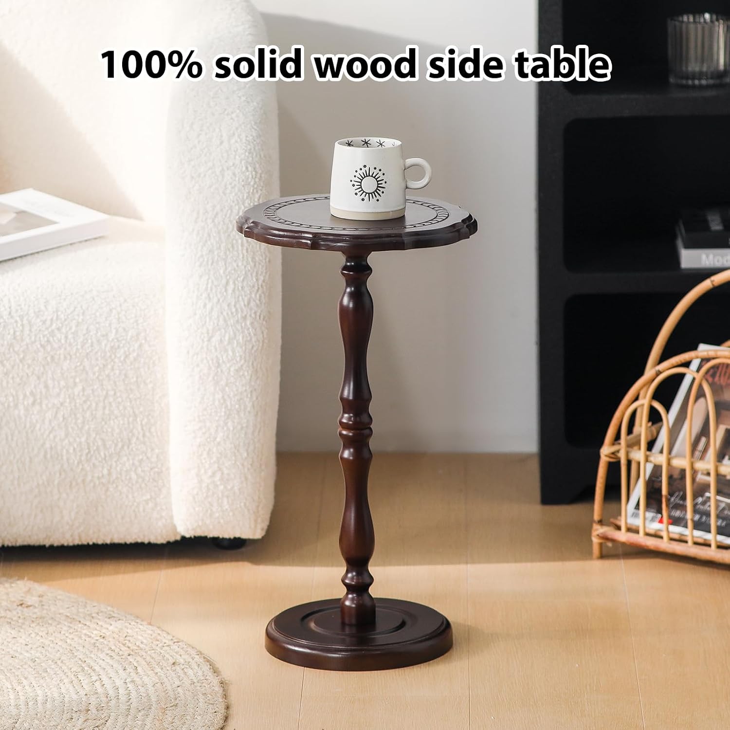 100% Solid Wood Round Side Table Small Drink Table Small Spaces Modern End Table