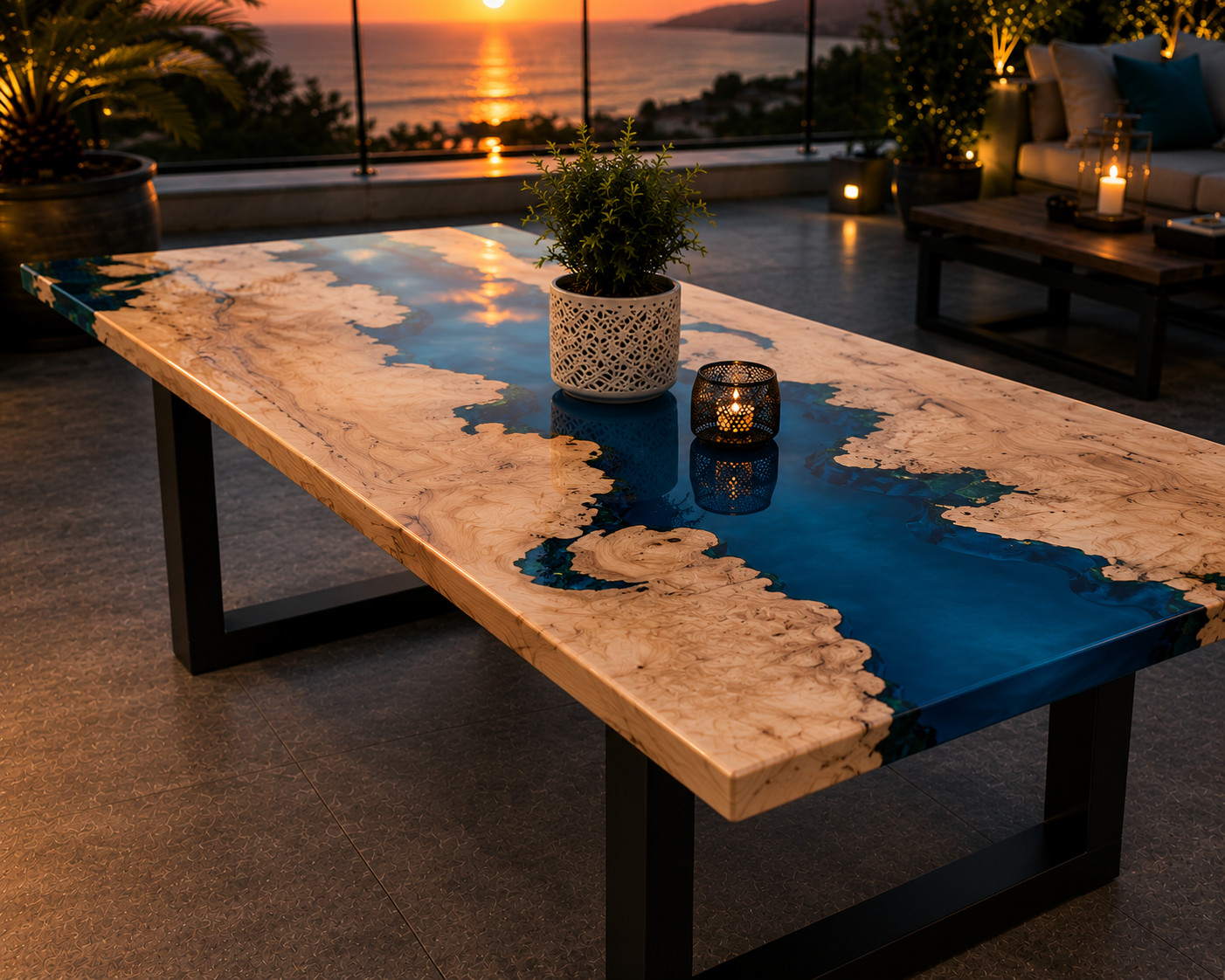 Blue Ocean Epoxy River Dining Table | Live Edge Wood Table Luxury Terrace Table