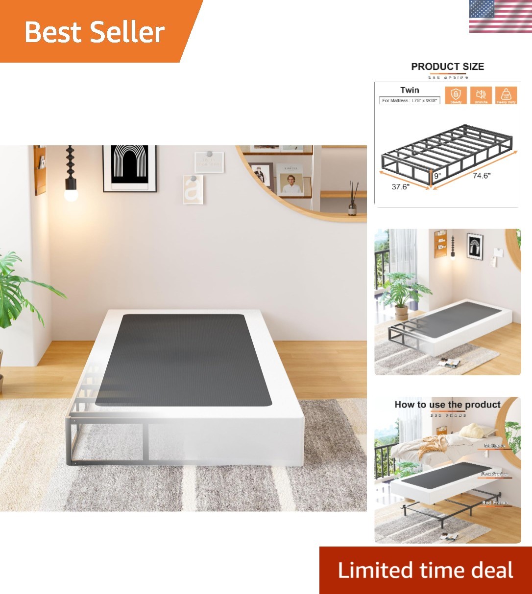9 Inch Twin Box Spring Heavy Duty Metal Mattress Foundation Bed Base with Fab…