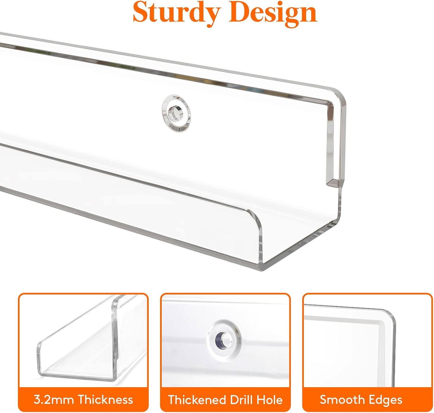 Narrow Floating Shelves for Vinyl Record 4 Pack, 12″ Clear Wall Shelves for Nail