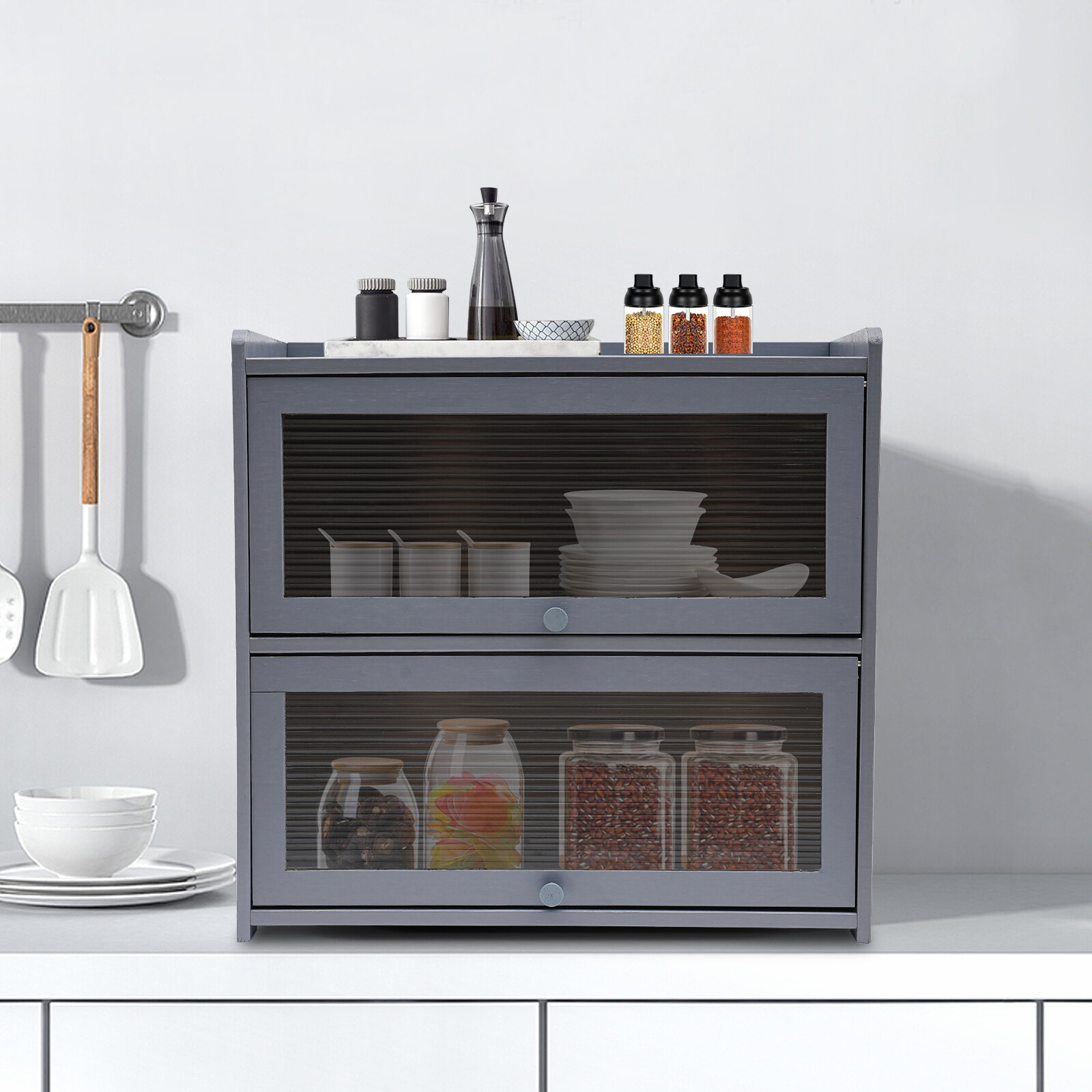 Bamboo 2-Tier Storage Cabinet With Acrylic Doors Gray 20.5 ?? 9.8 ?? 19.7 In