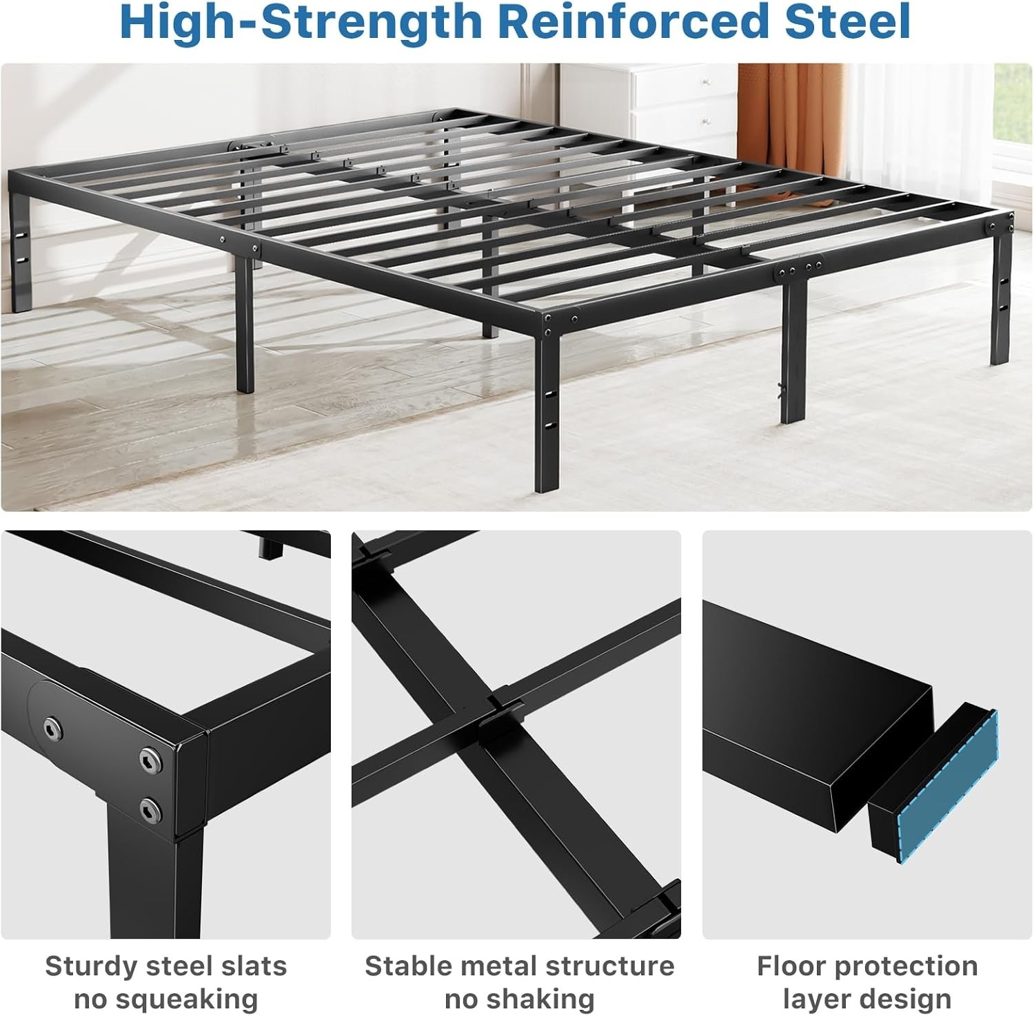 NEW Metal King Bed Frame 14in Heavy Duty Steel Slat Storage Black 2200LBS