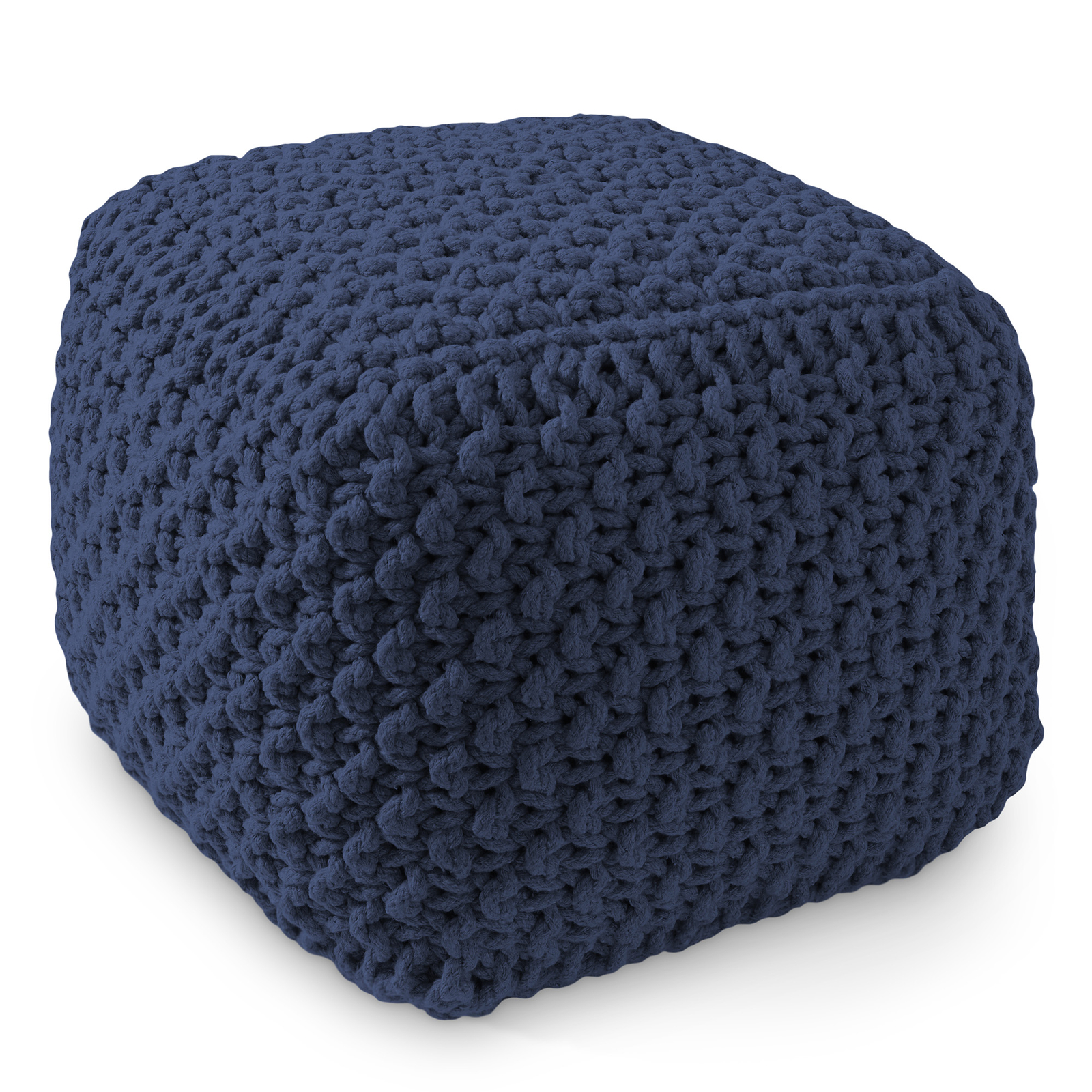 OPEN BOX – Square Cotton Pouf Ottoman Navy Blue – 18.5 x 18.5 x 14.5 Knit Stool