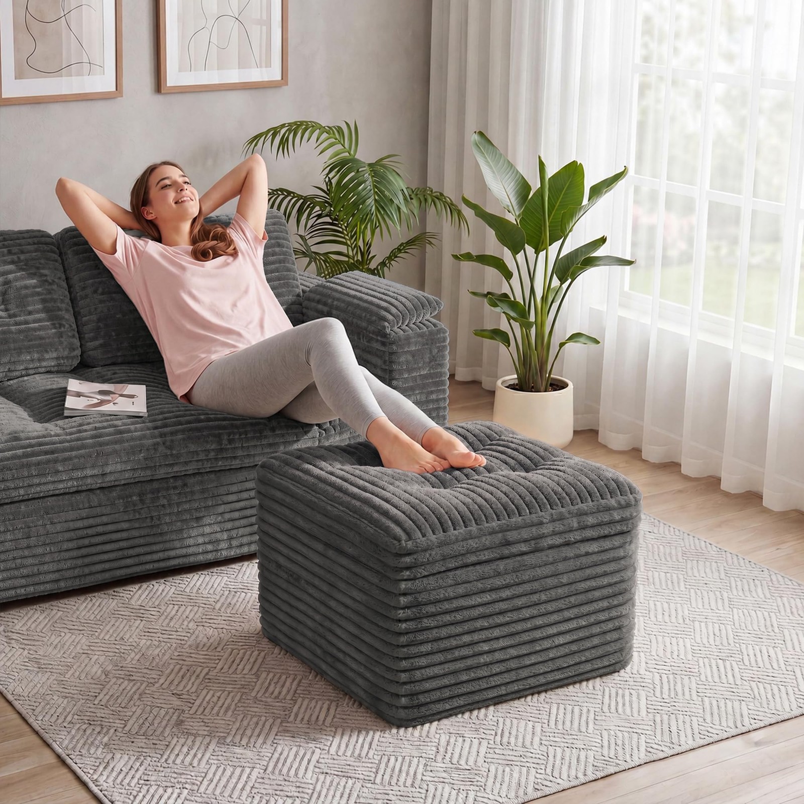 Fabulcozy 23.6in Pouf Ottoman, Corduroy 23.6″D x 23.6″W x 16.5″H, Dark Grey