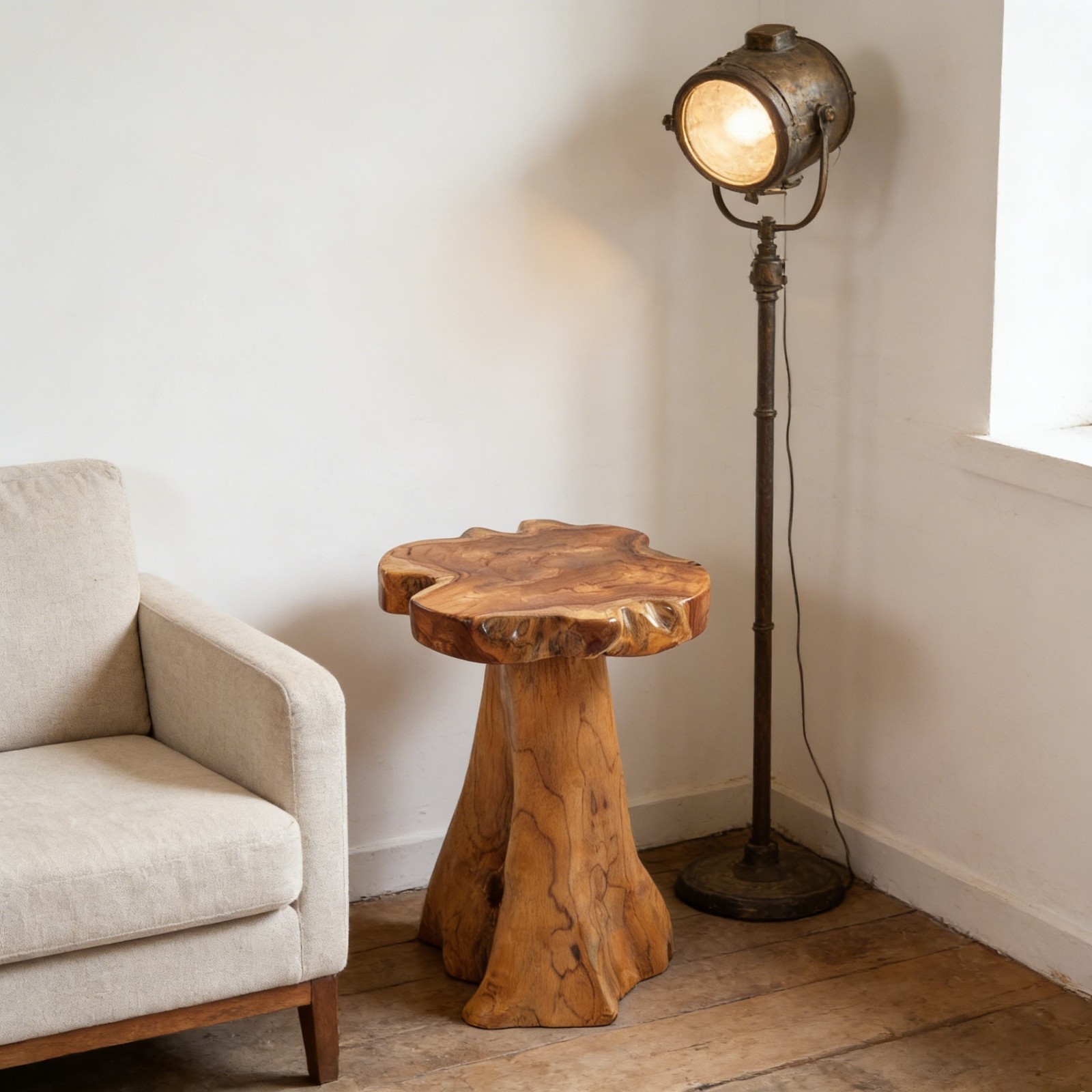 Rustic Teak Tree Stump Table – Live Edge Side Table or Stool, Natural Wood, Gift