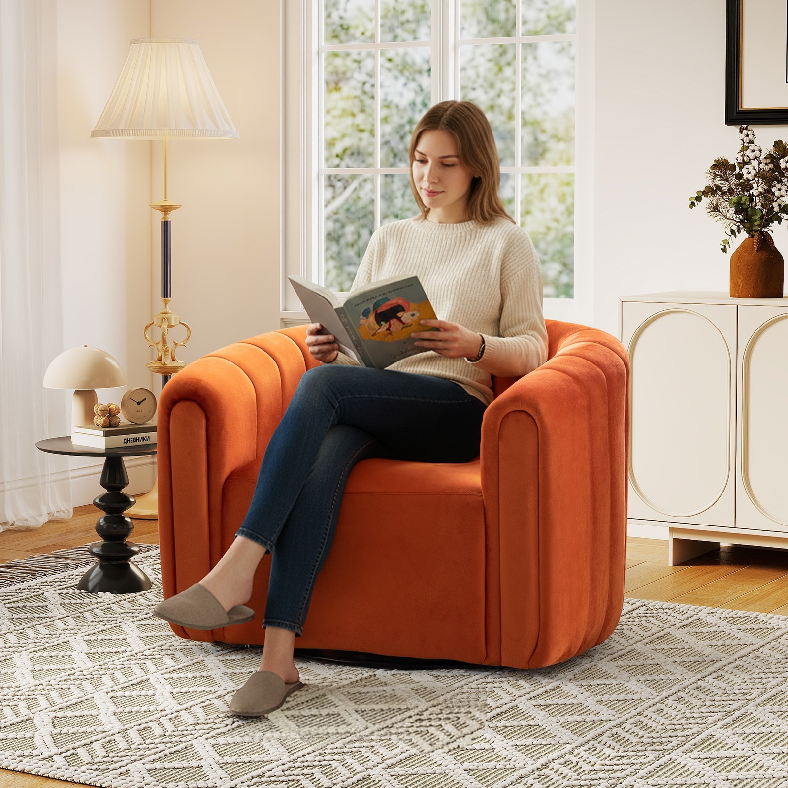 EBELLO Swivel Accent Chair, Velvet Barrel Chair for Living Room, Comfy Armchair
