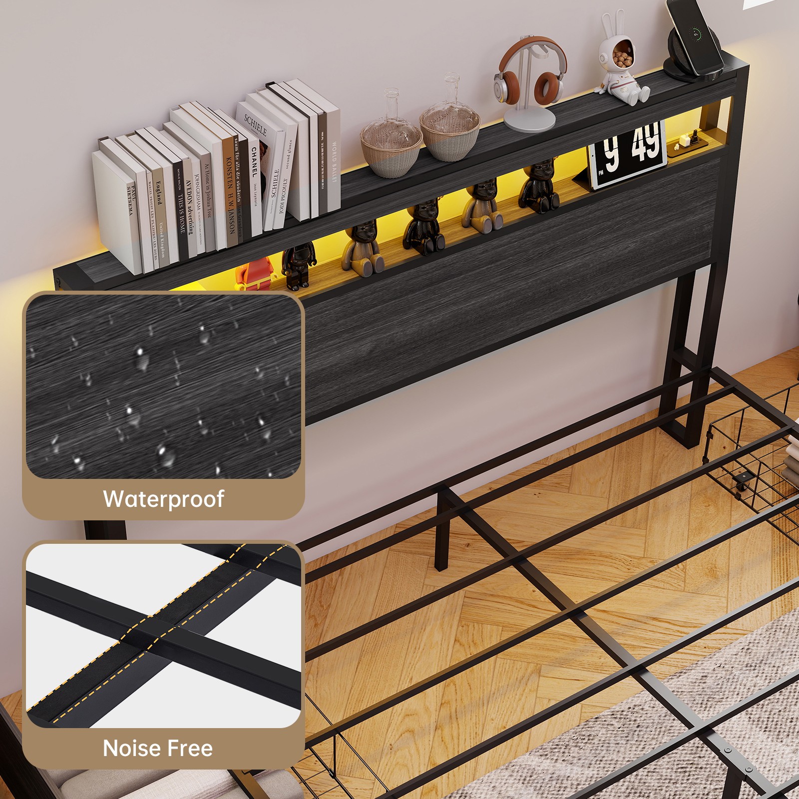 Full Size LED Bed Frame with Headboard and 4 Storage Drawers+Charging Station