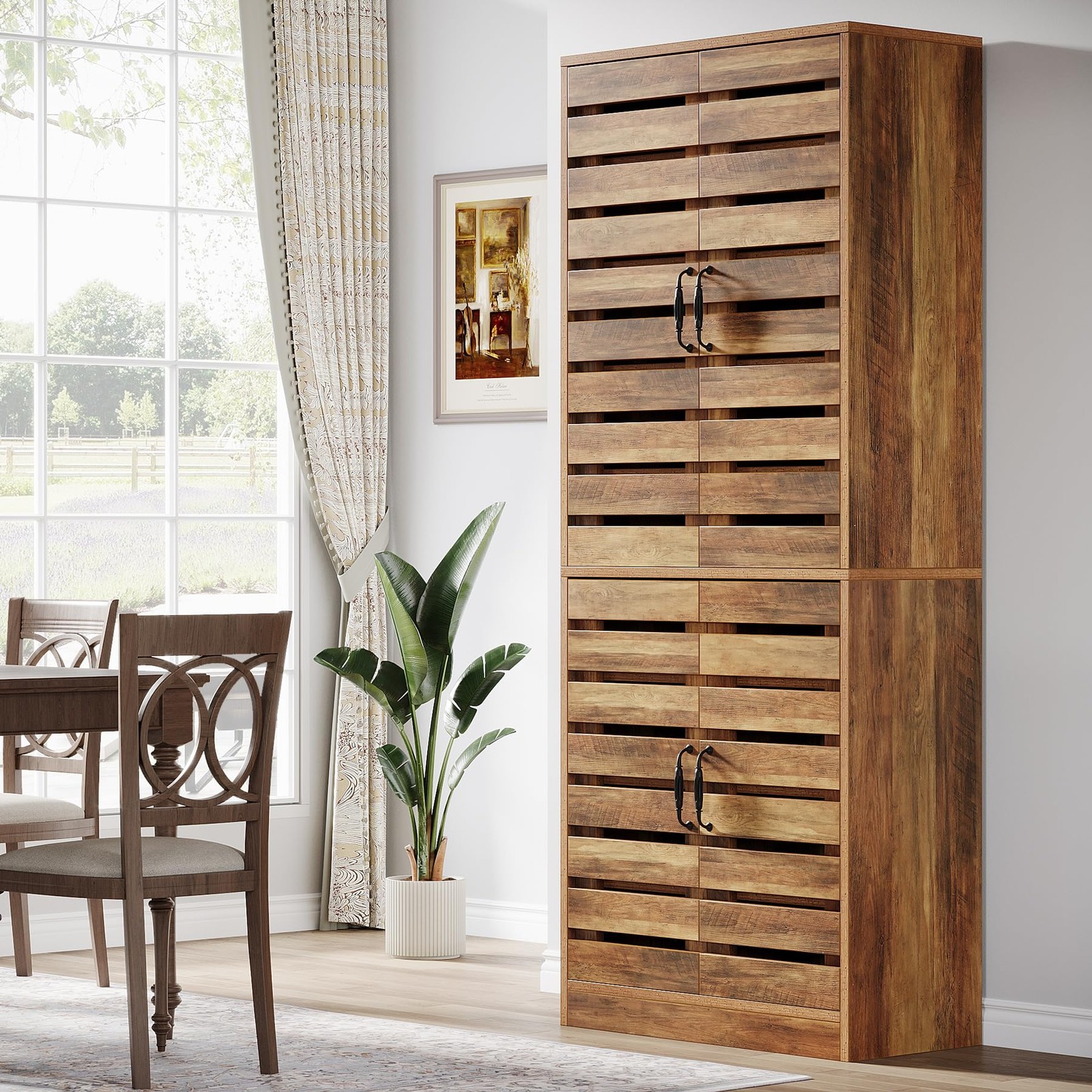 70.8in 9-Tier Pantry Cabinet Adjustable Shelves Shutter Doors Rustic Brown