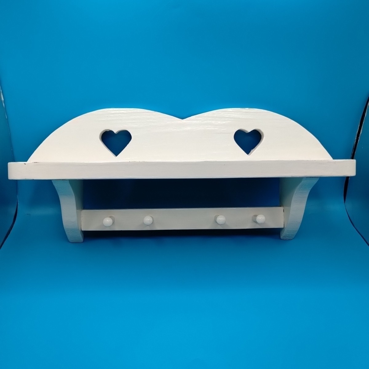 Wooden Country Heart Cutouts Wall Shelf 4 Pegs White Painted Wood Cottagecore