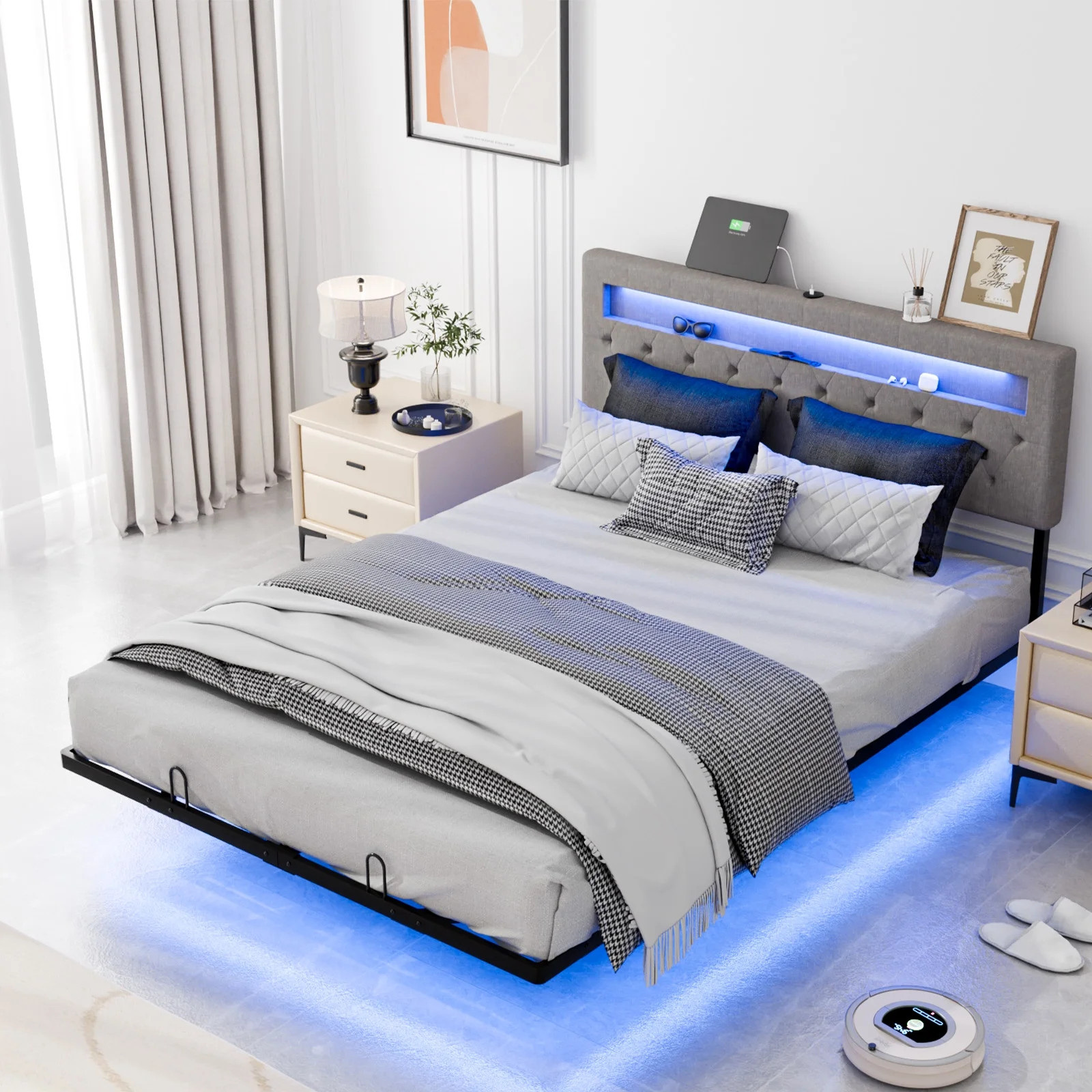 QUEEN SIZE Floating Platform Bed Frame With Charging Station Storage Headboard