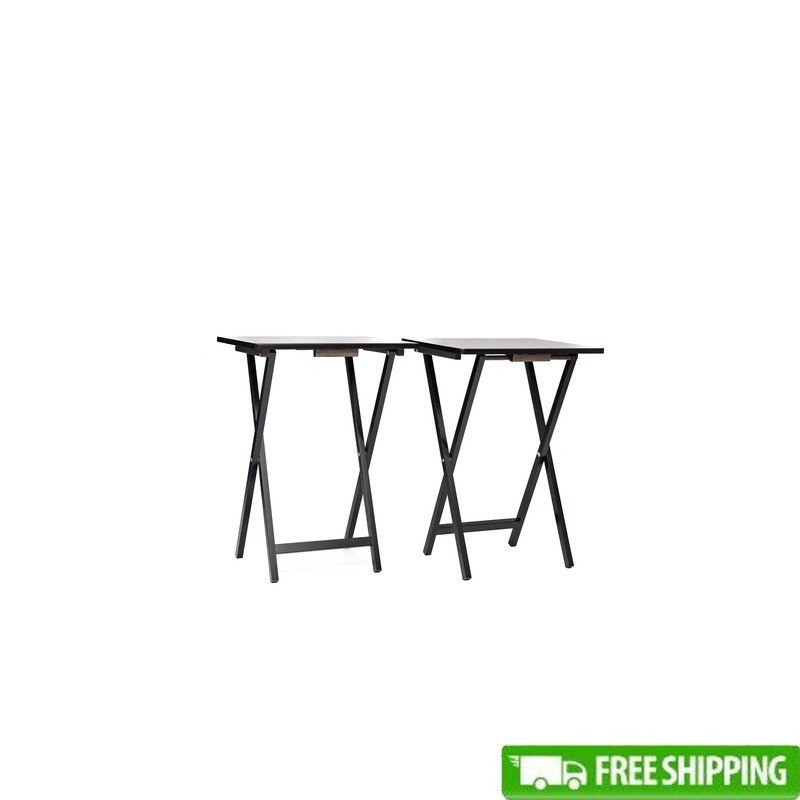 Indoor Folding TV Tray Table Set of 2 Portable Space Saving Rubberwood Black New